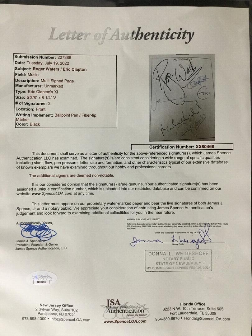 Eric Clapton and Roger Waters Signed Cricket Card