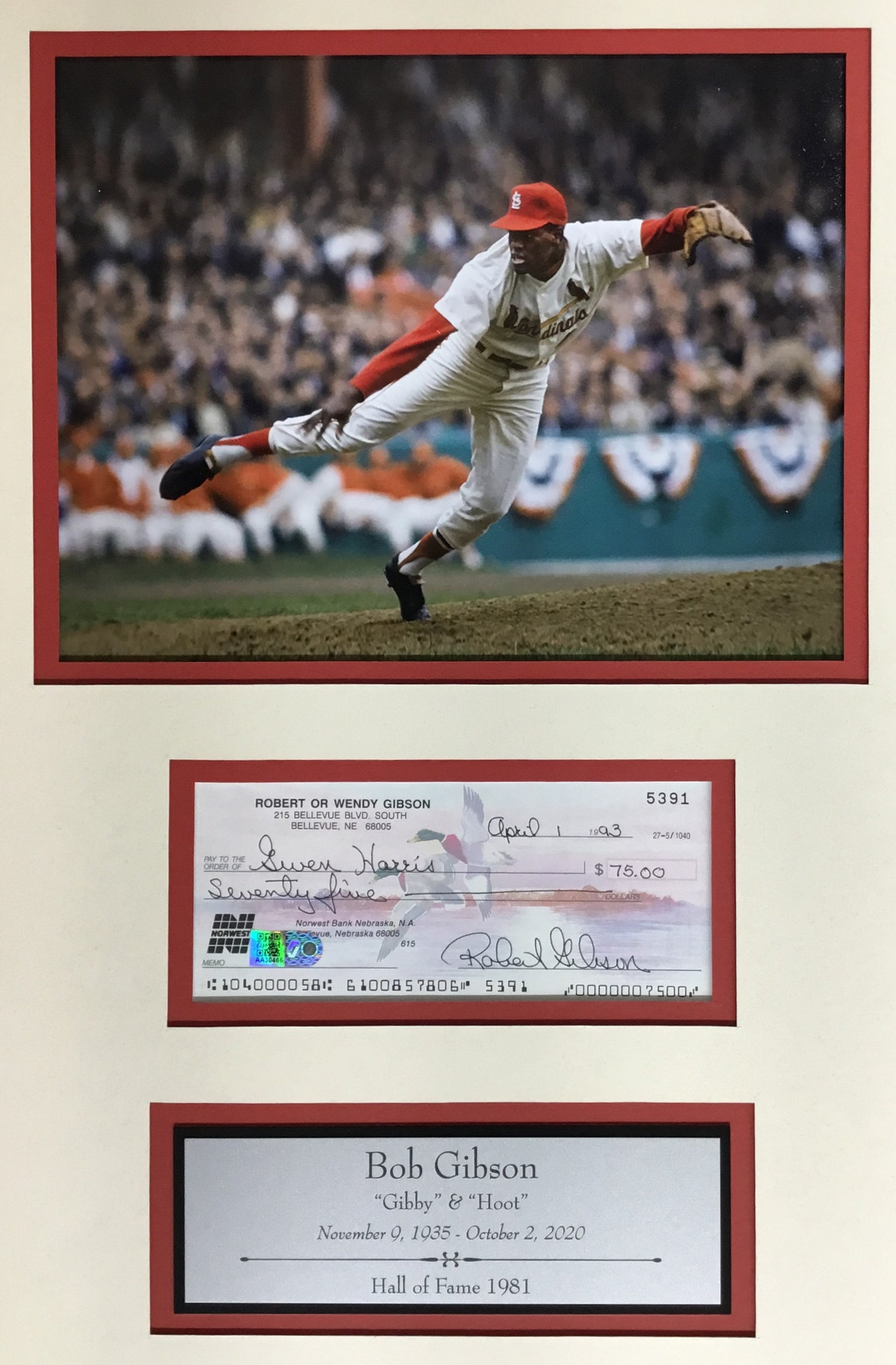 Bob Gibson-St Louis Cardinals signed check