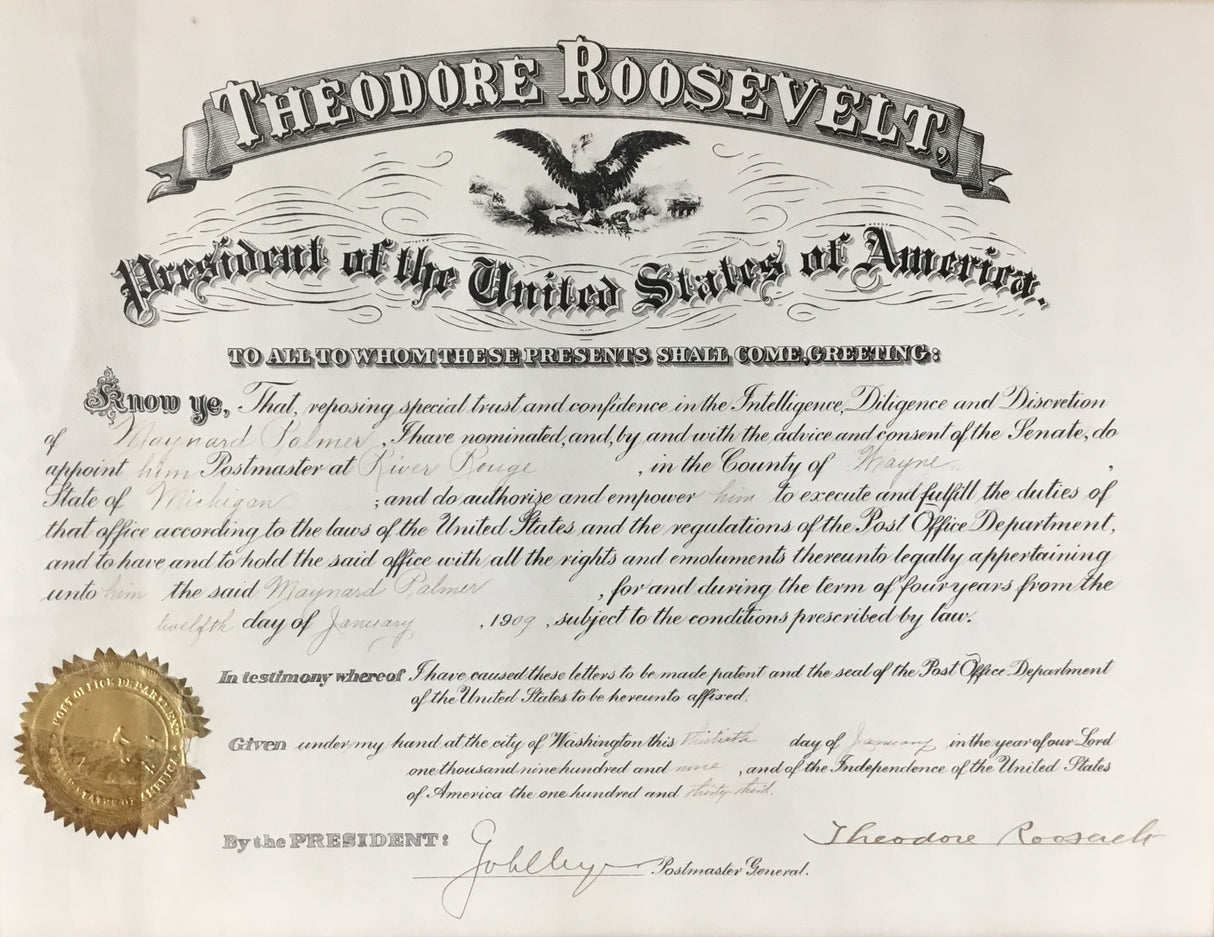 President Theodore Roosevelt Signed Appointment Document
