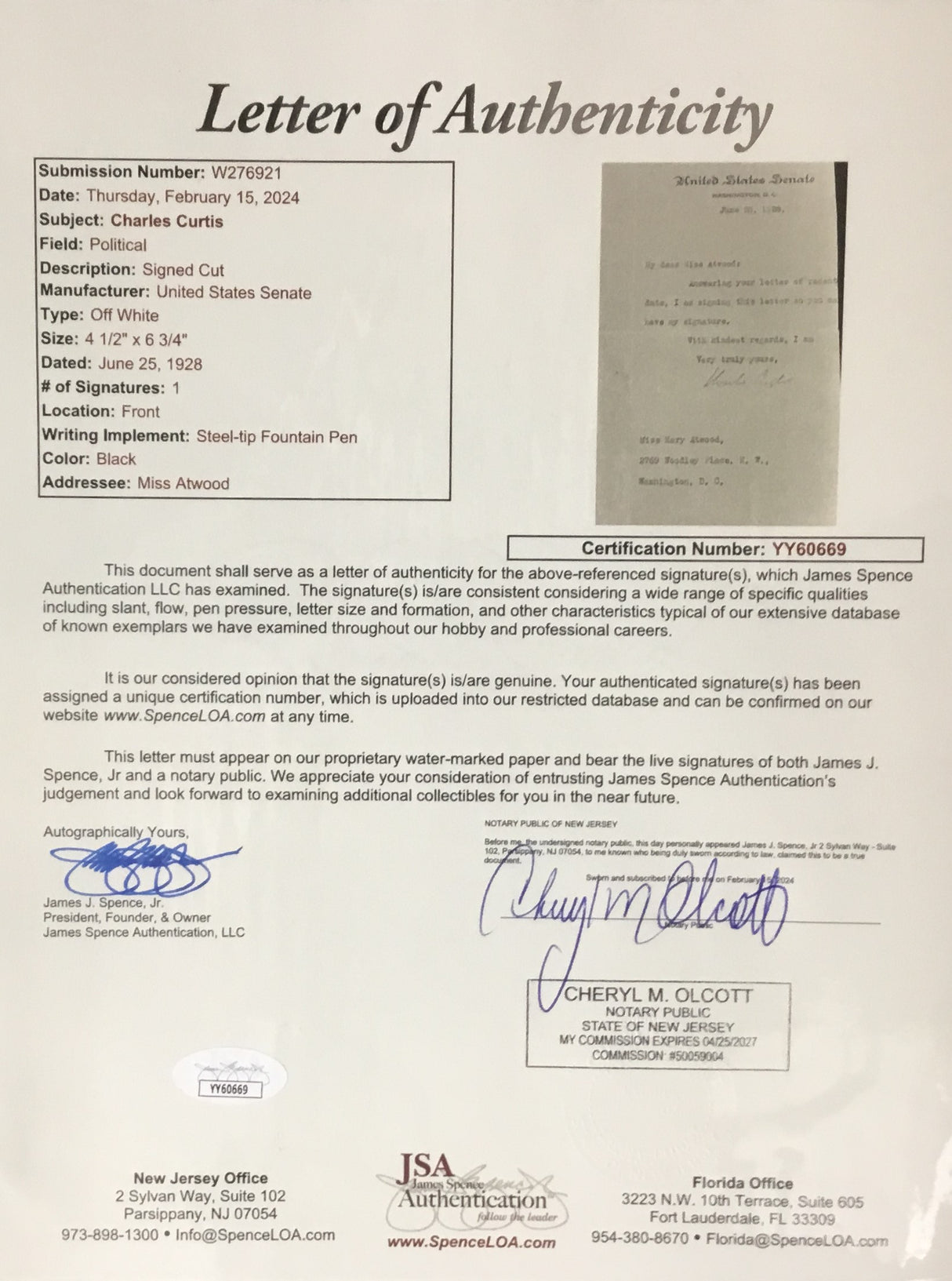 Charles Curtis Vice President to Herbert Hoover Cut Signature