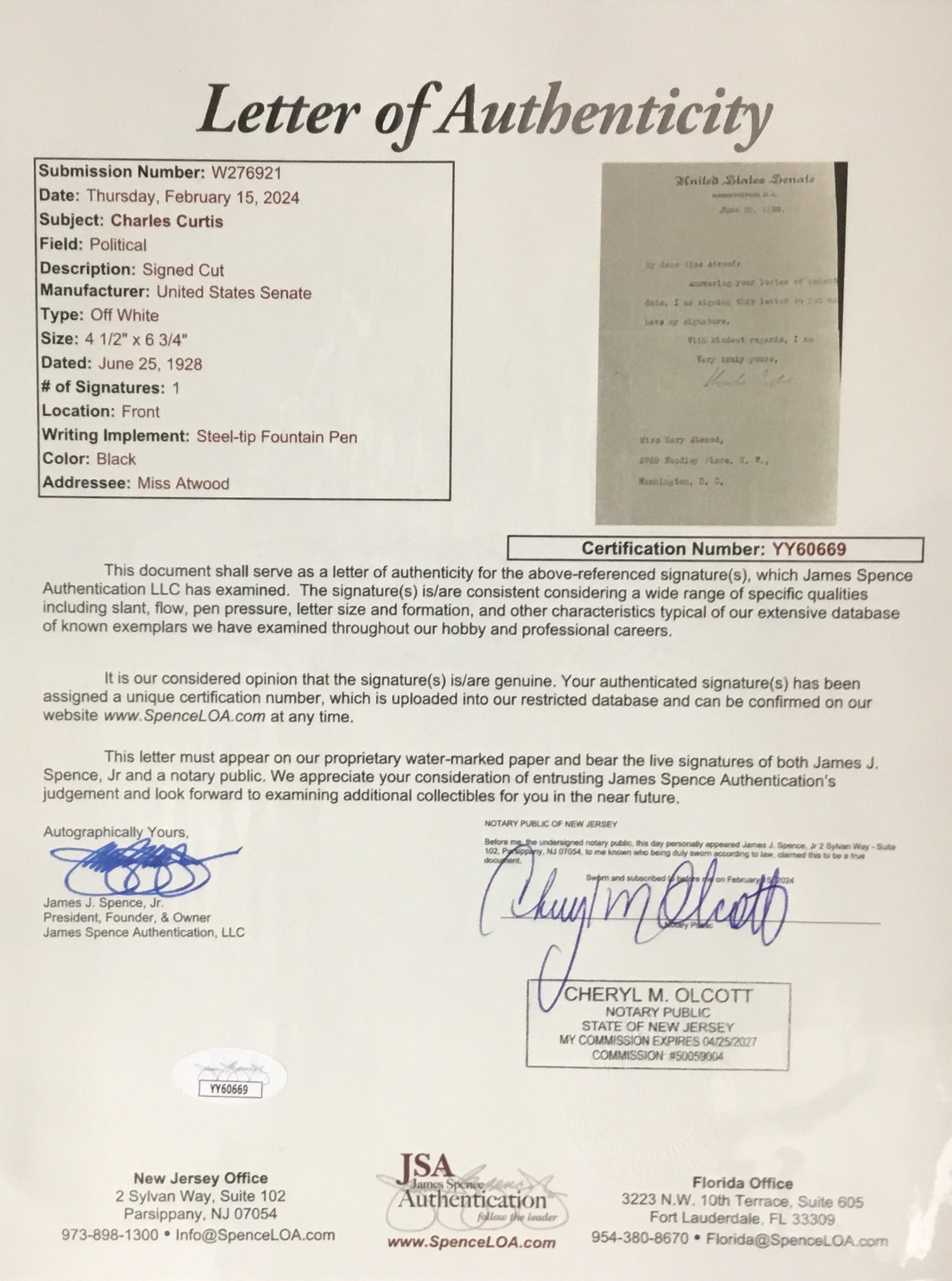 Charles Curtis Vice President to Herbert Hoover Cut Signature