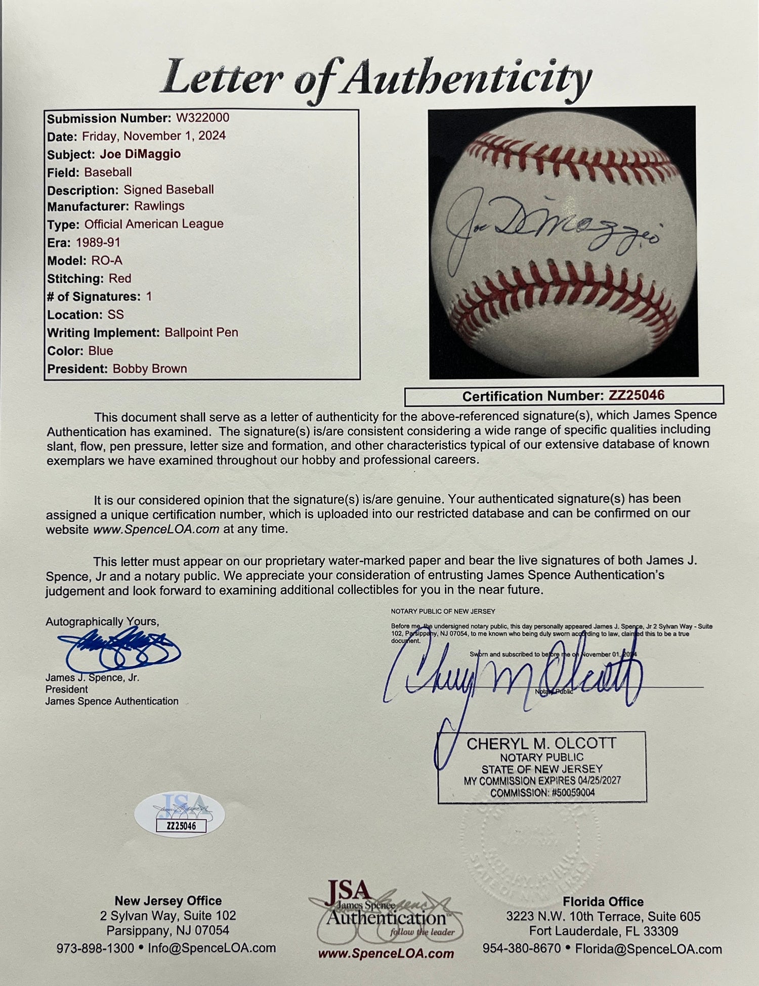Joe DiMaggio signed A.L. Baseball-JSA