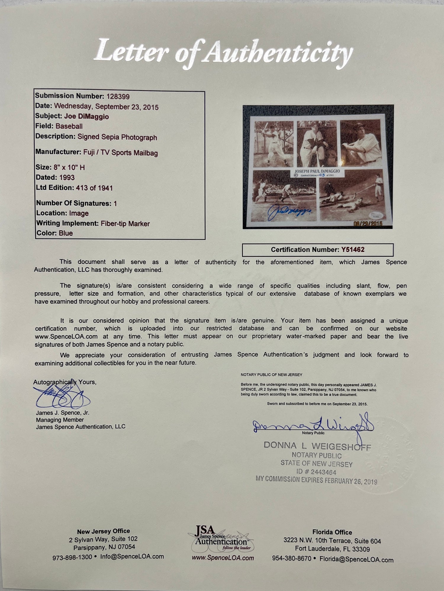 Joe DiMaggio signed 8x10 photo