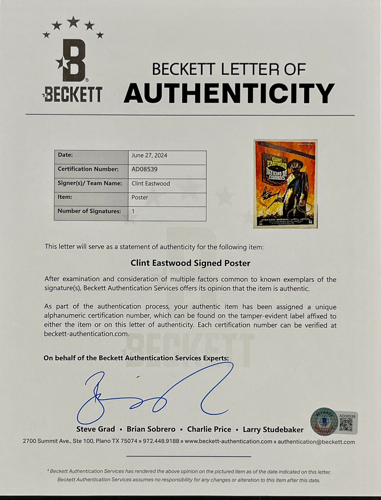 Clint Eastwood signed "Infierno De Cobardes" Original Movie Poster