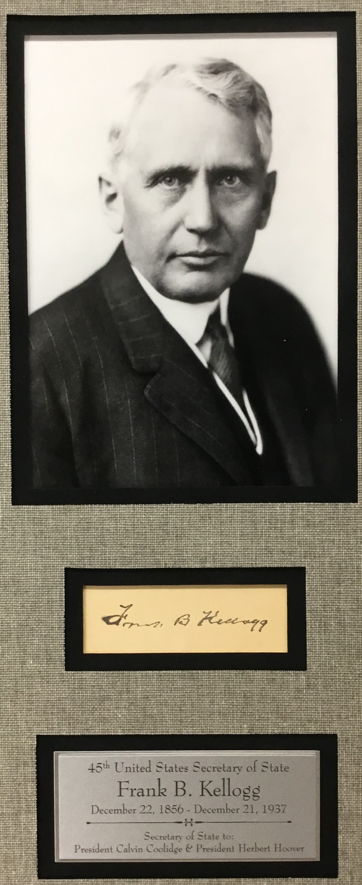 Frank B Kellogg 45th Secretrary of State Cut Signature
