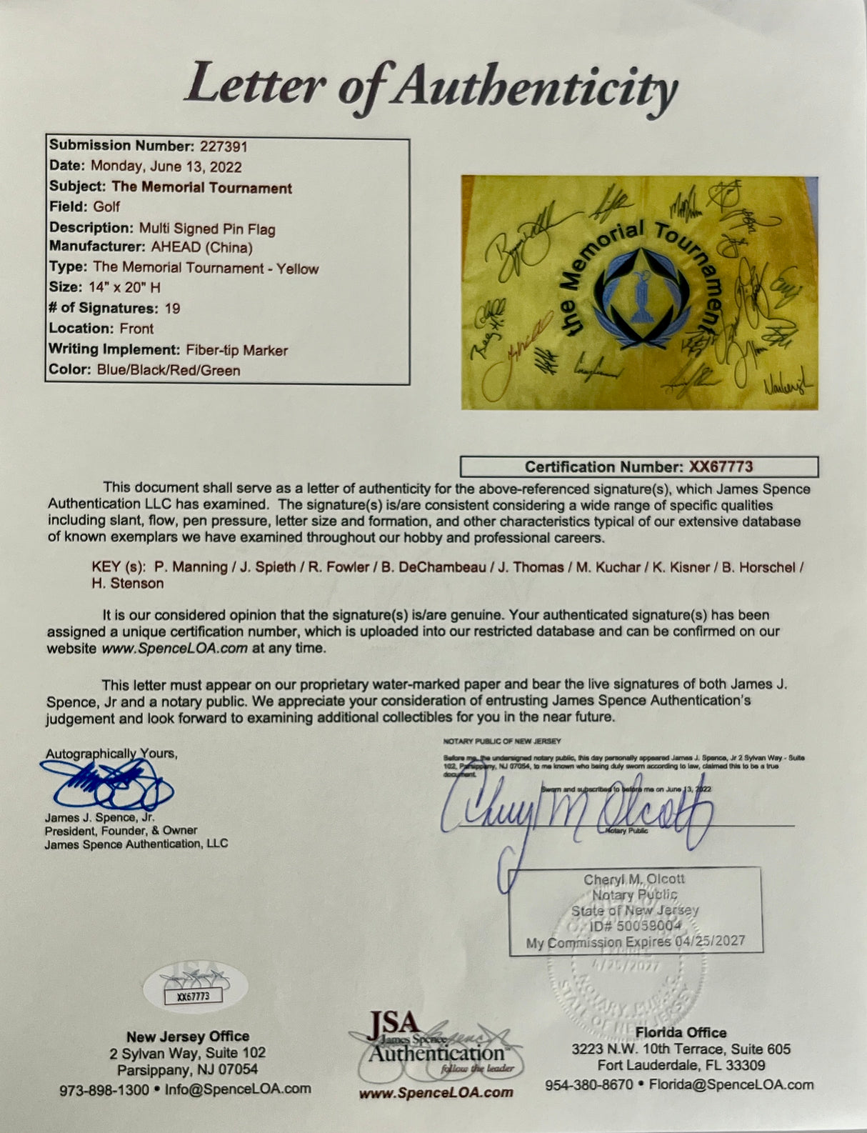 The Memorial Tournament Pin Flag multi signed by 18 PGA stars