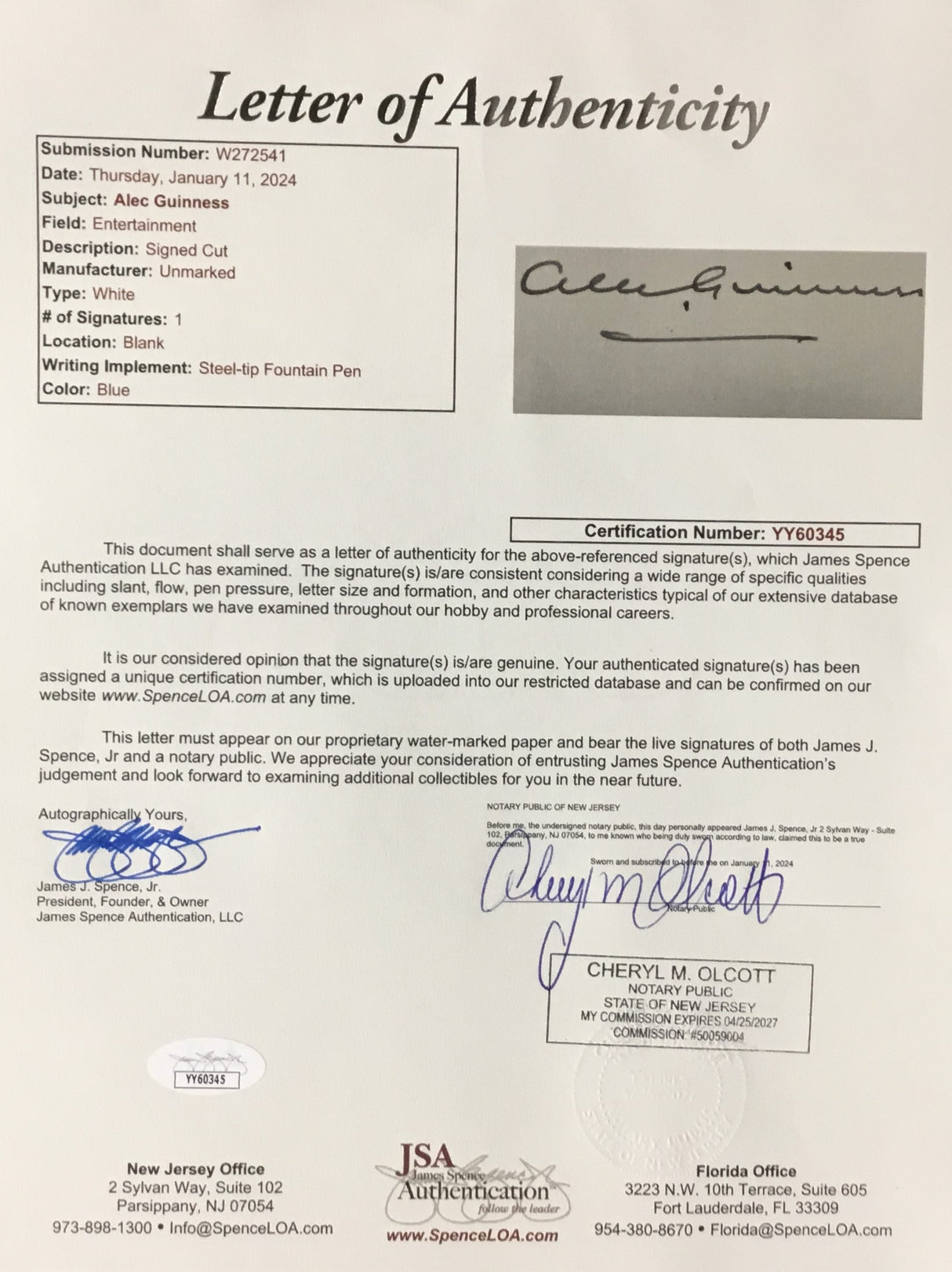 Star Wars Sir Alec Guinness Obi-Wan Kenobi Signed Cut