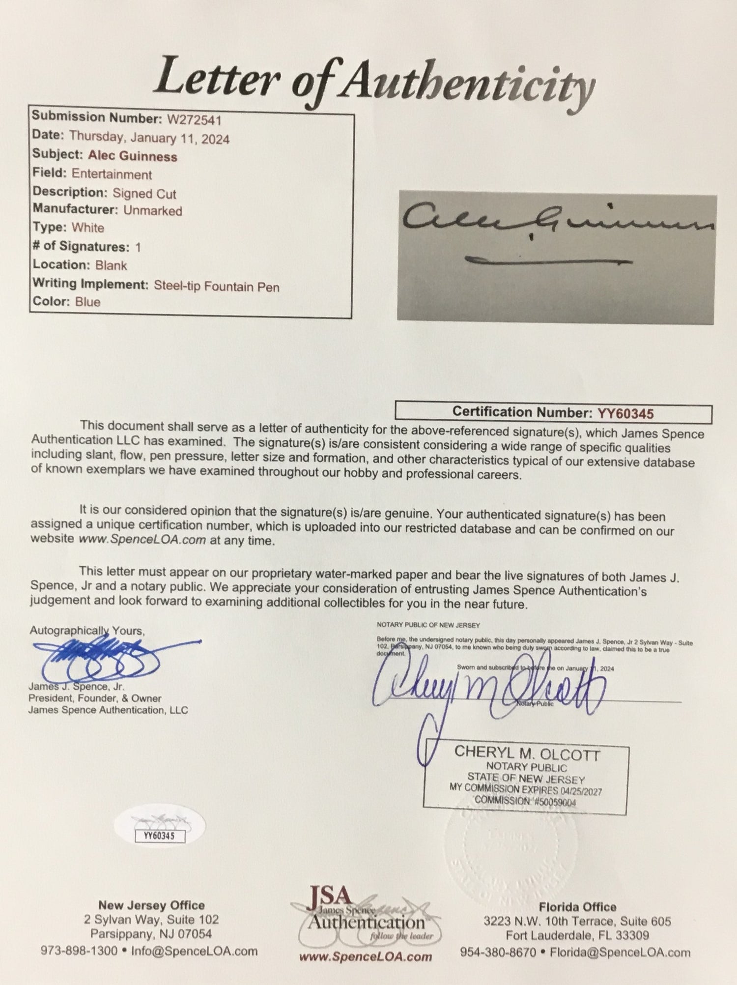 Star Wars Sir Alec Guinness Obi-Wan Kenobi Signed Cut