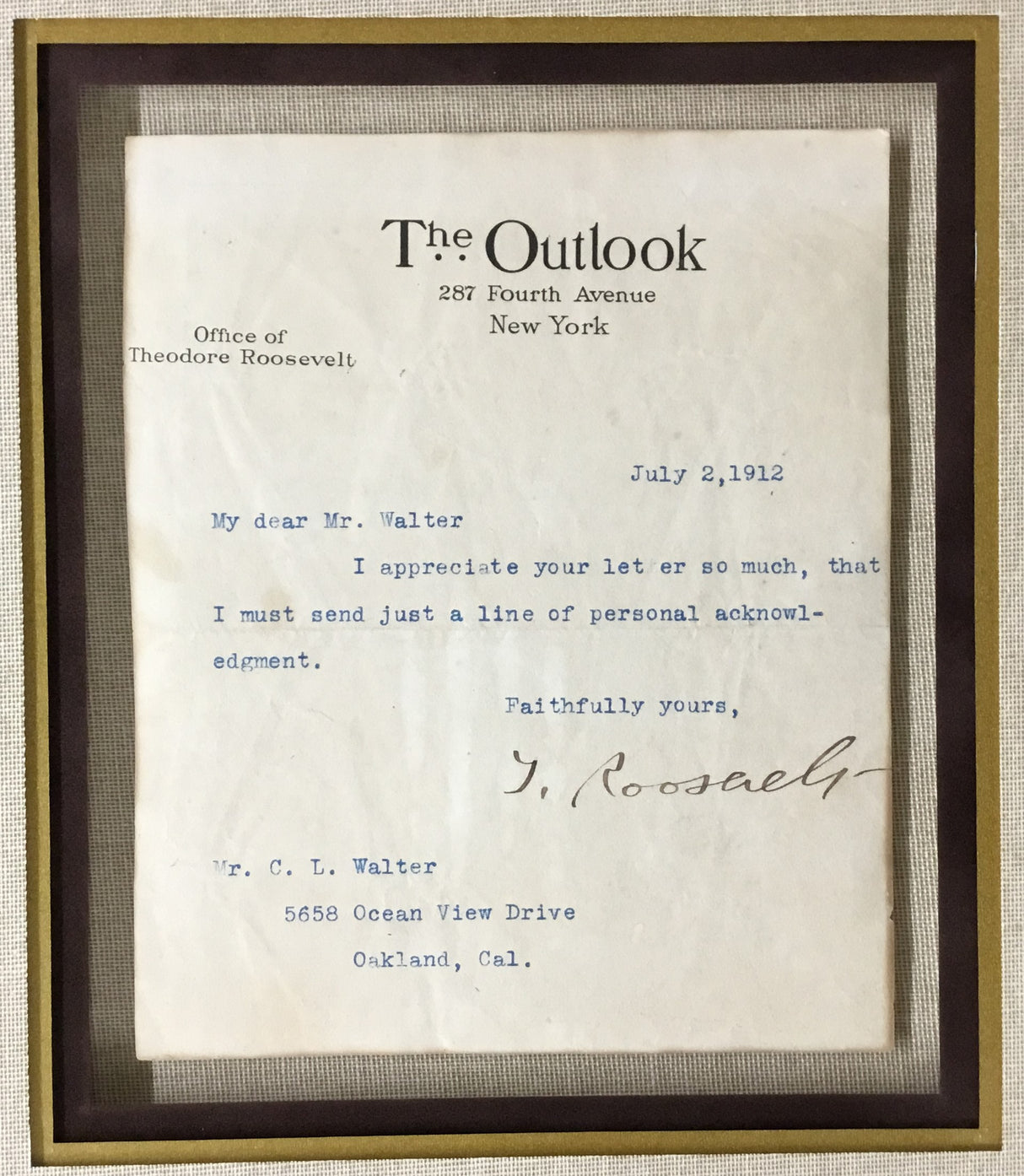 President Theodore Roosevelt Signed The Outlook Letter