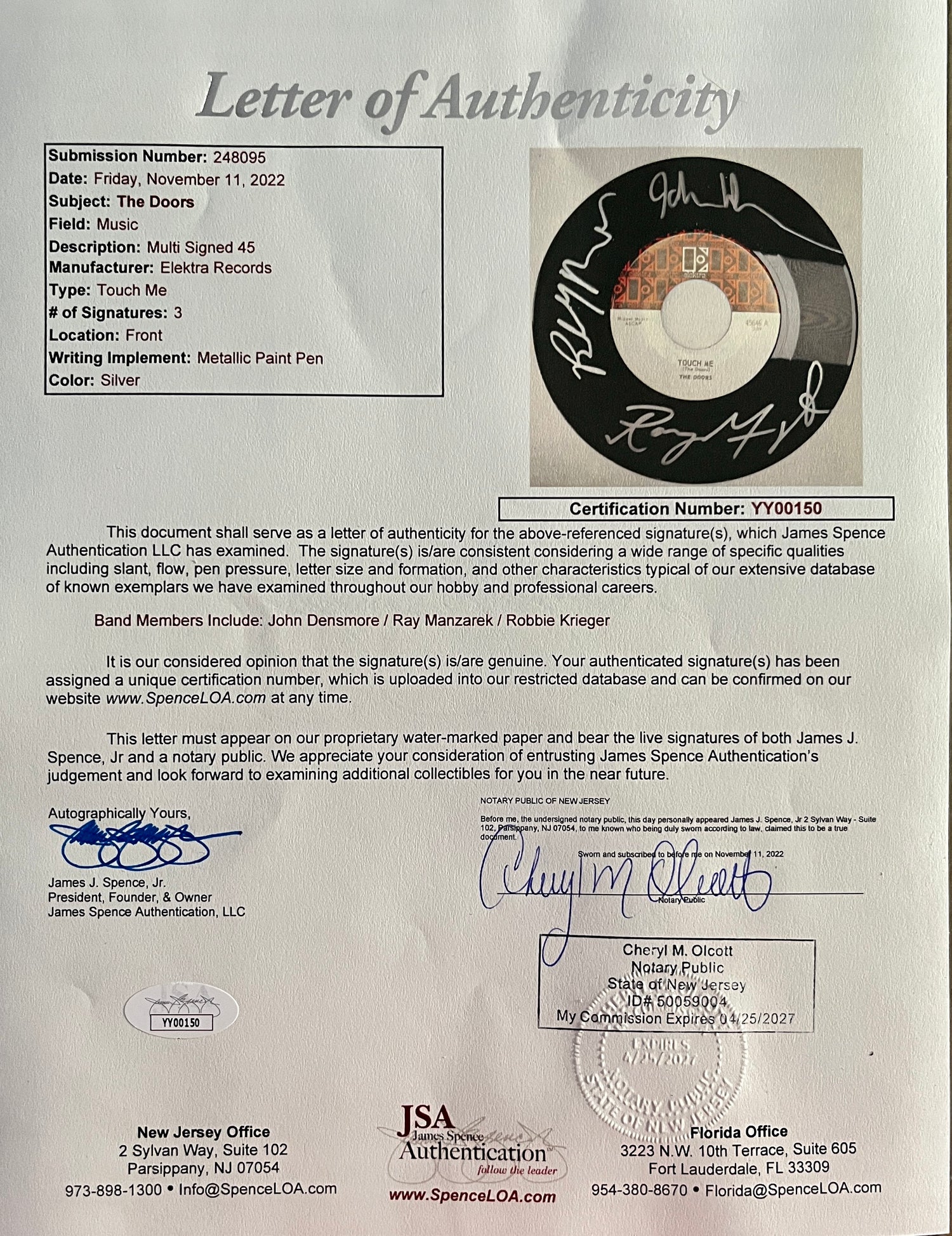 The Doors signed "Touch Me"45 RPM record