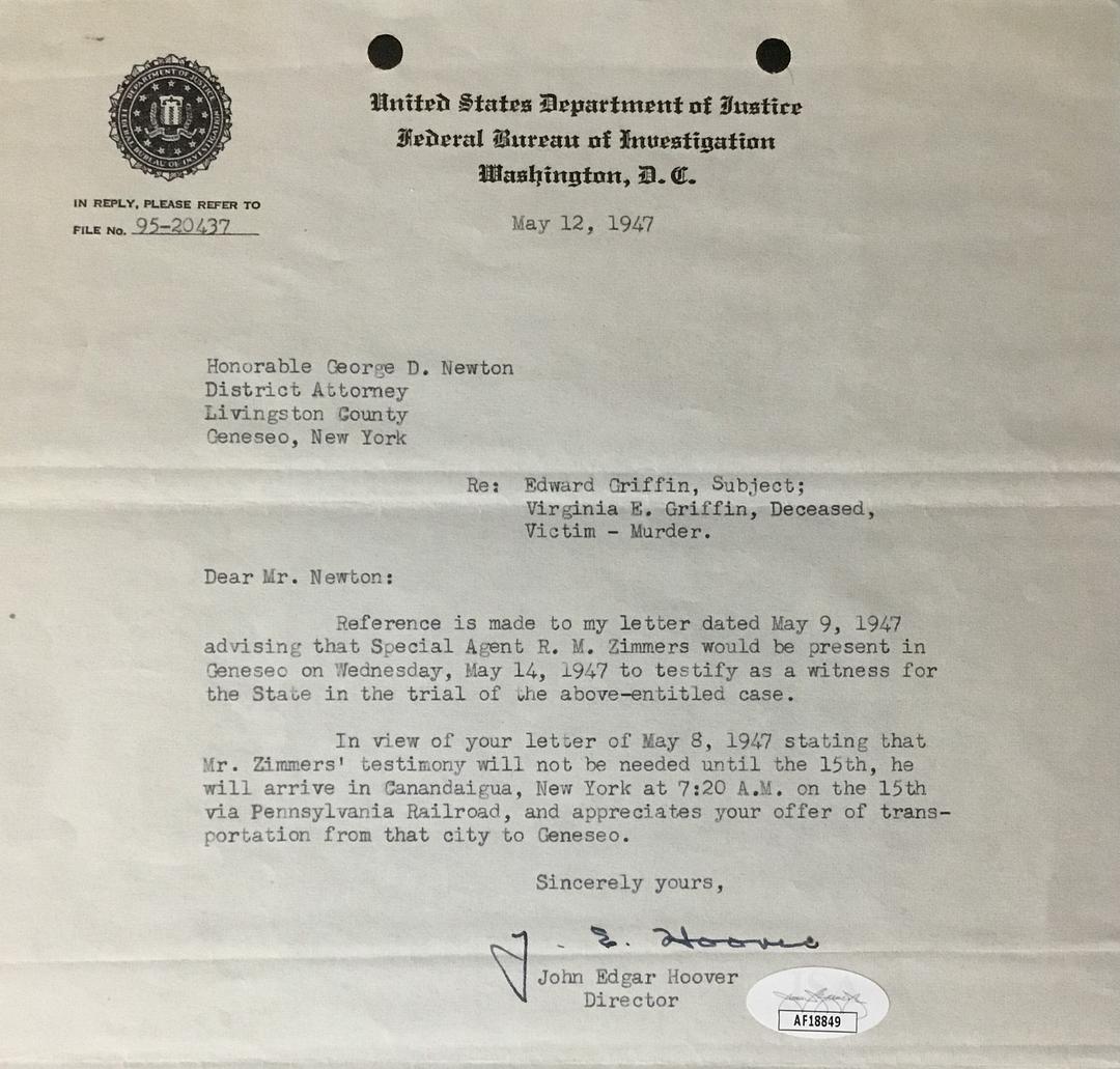 John Edgar Hoover 1st FBI Director Signed Original 1947 Letter