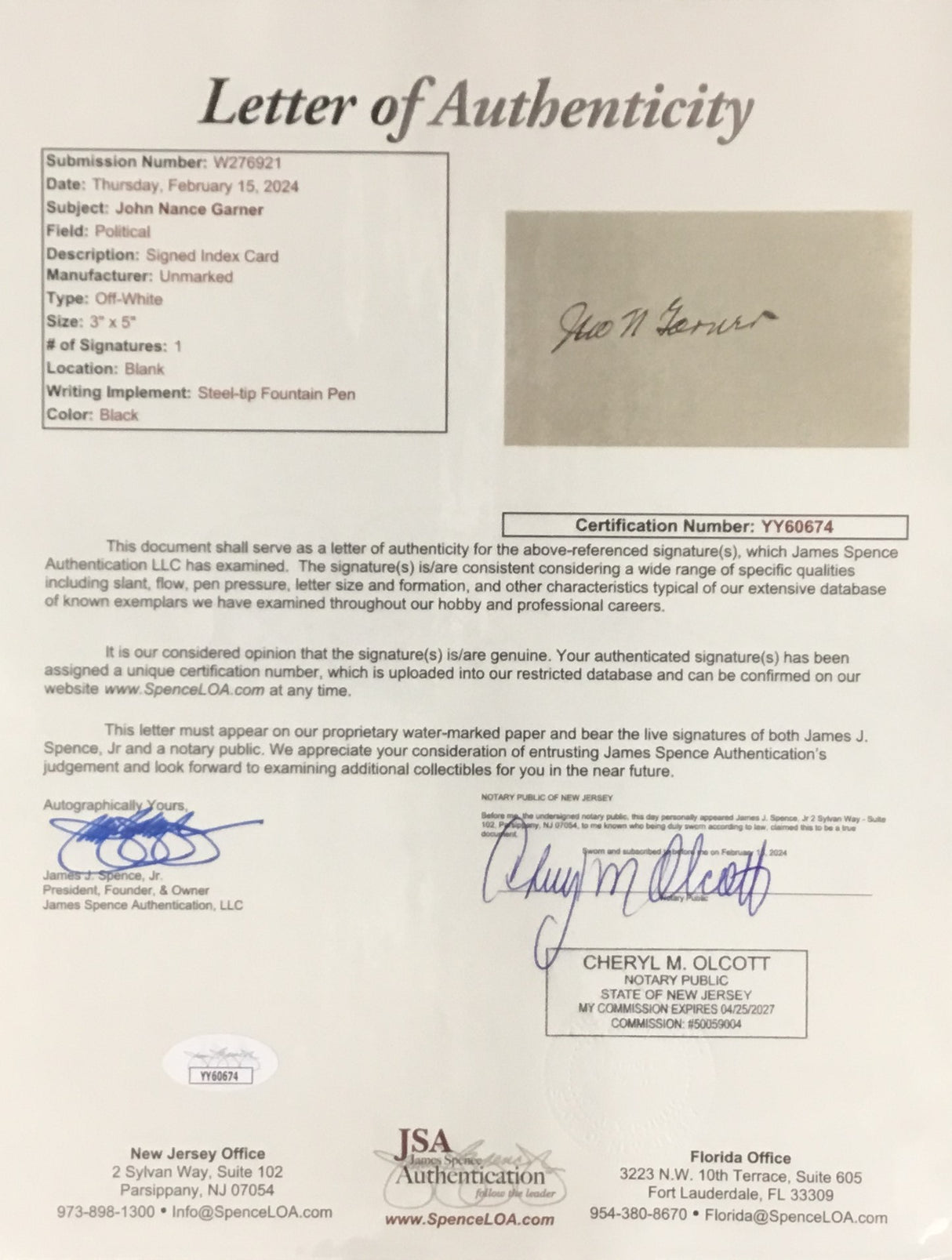 John Garner Signed Vice President to Franklin Roosevelt Cut Signature