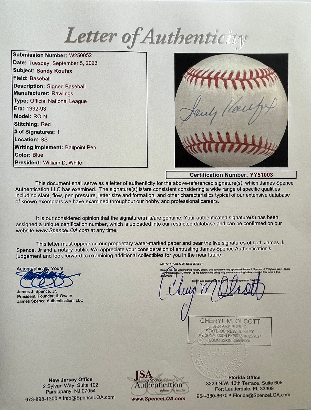 Sandy Koufax signed National League baseball-JSA