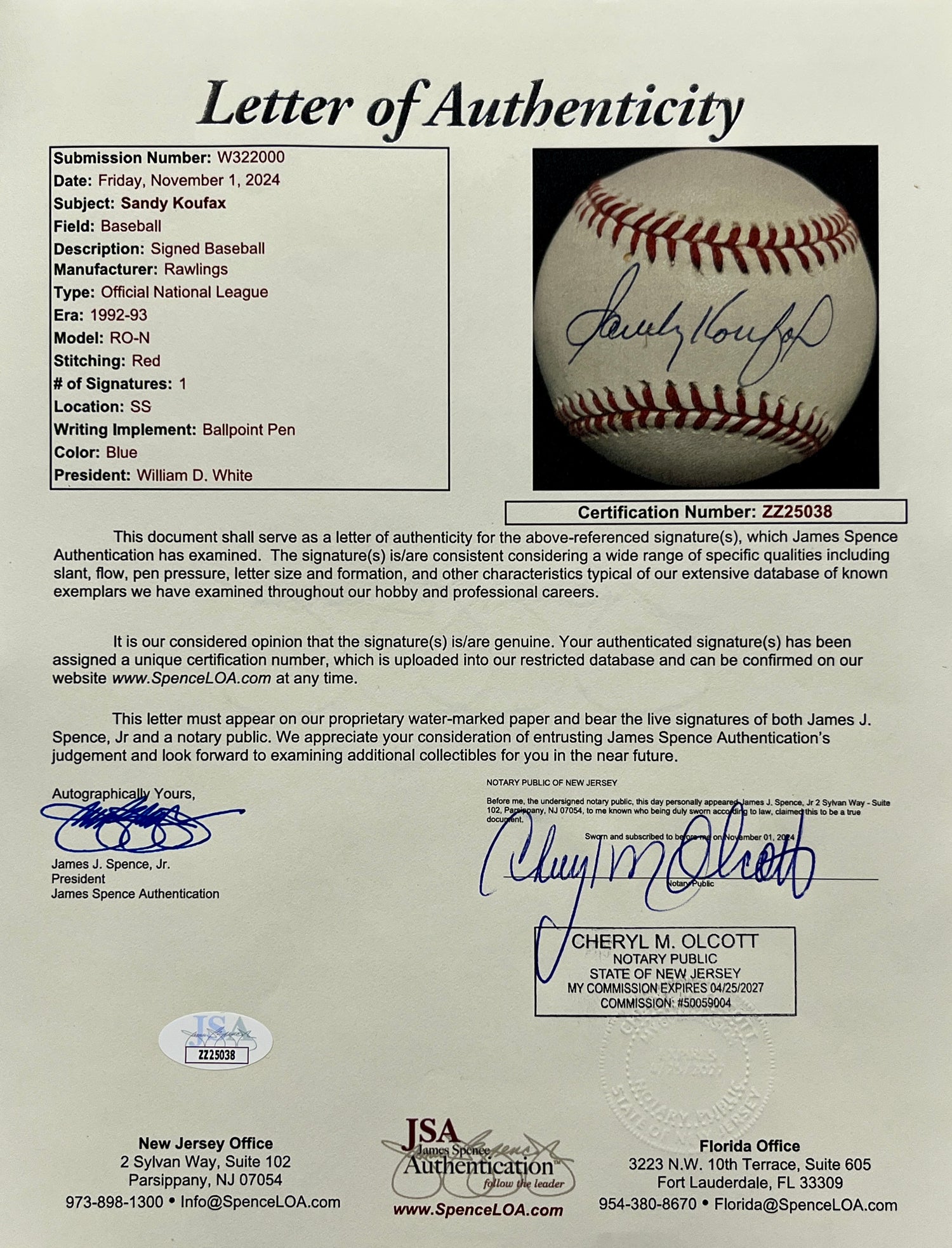Sandy Koufax signed N.L. Baseball-JSA