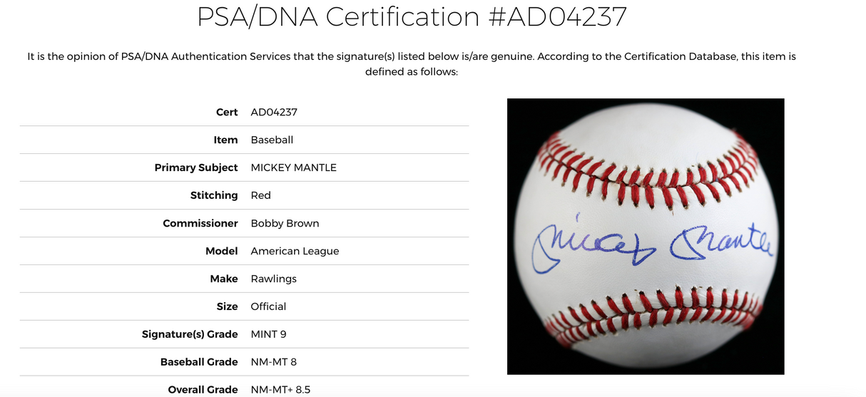 Mickey Mantle signed A.L. Baseball-PSA 8.5