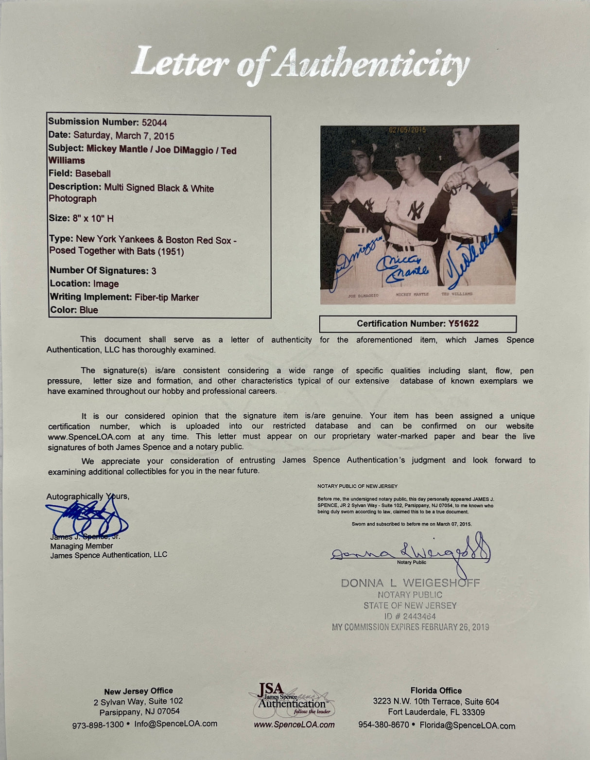 Mantle, DiMaggio, Williams signed photo