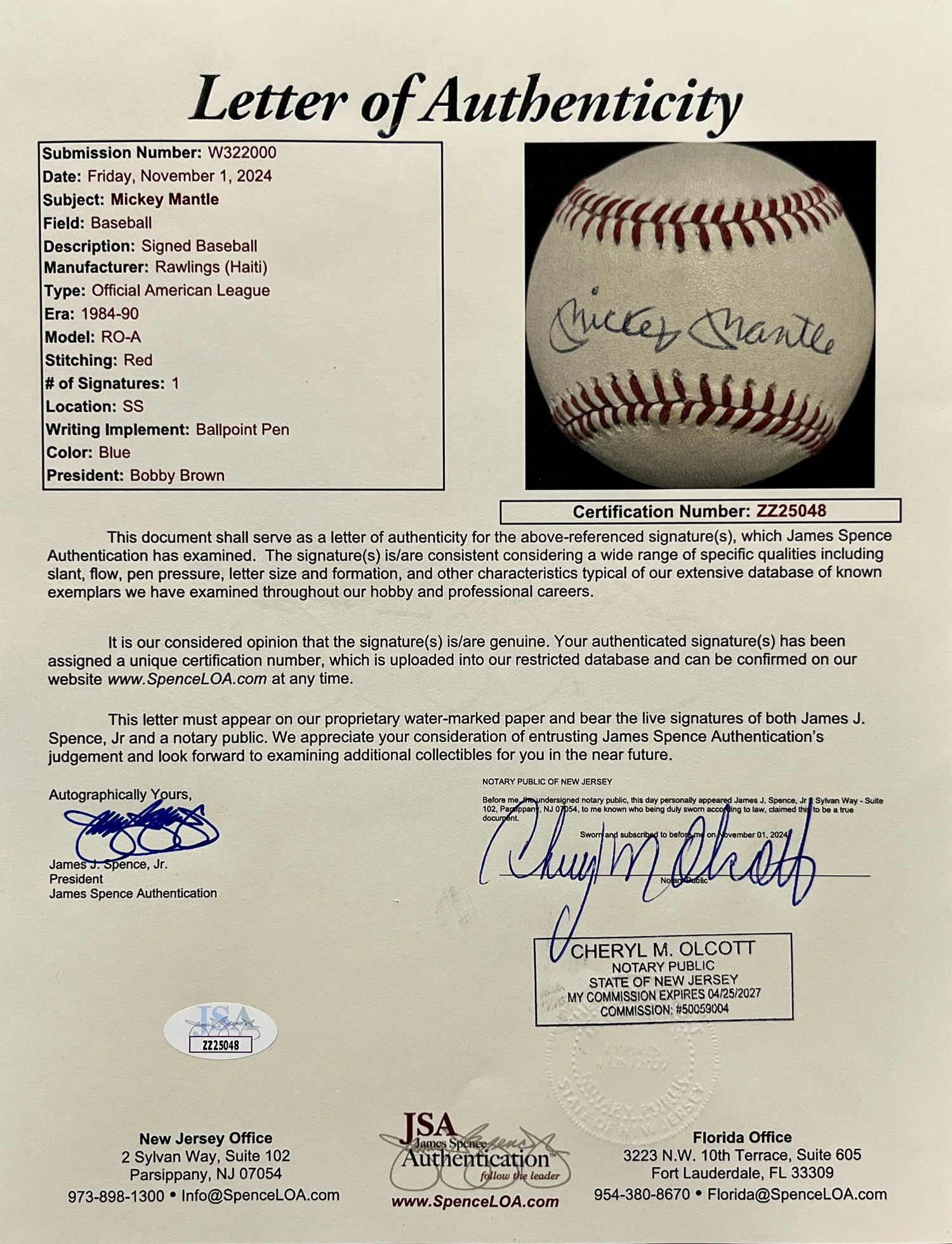 Mickey Mantle signed A.L. Baseball-JSA ZZ25048