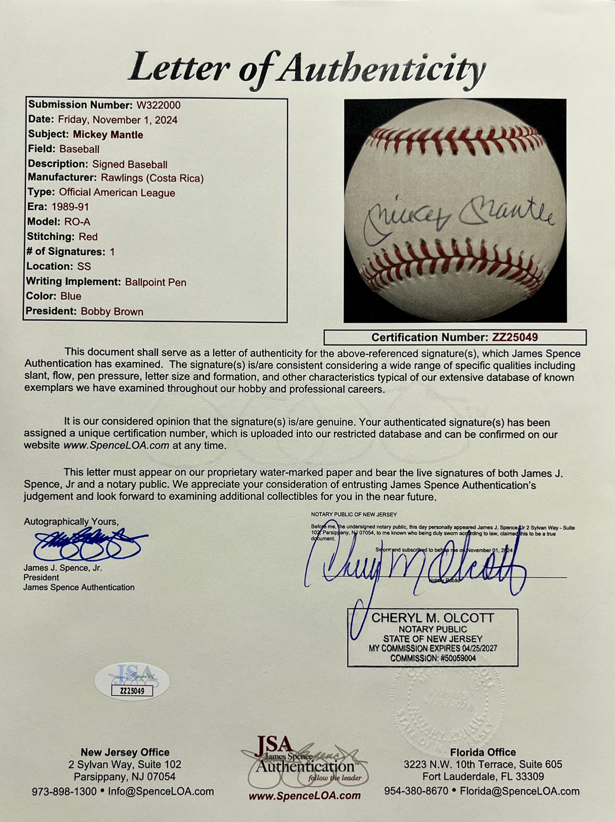 Mickey Mantle signed A.L. Baseball-JSA