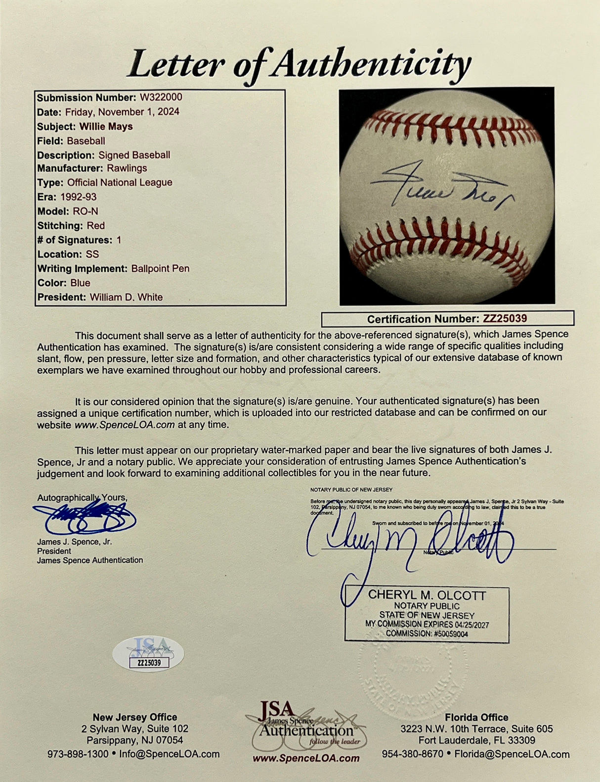 Willie Mays signed N.L. Baseball-JSA
