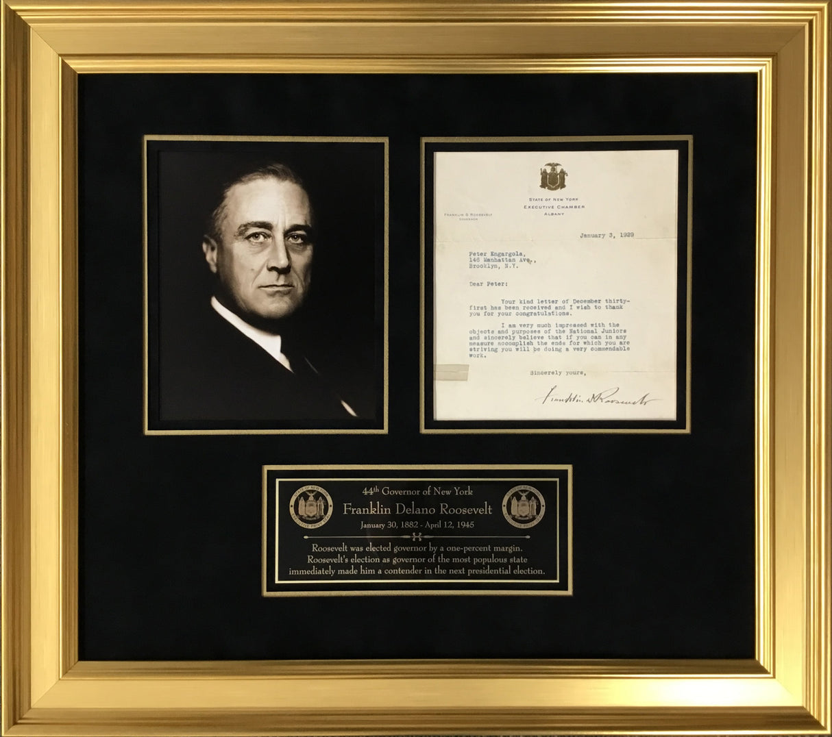 New York Governor Franklin D Roosevelt Signed Letter