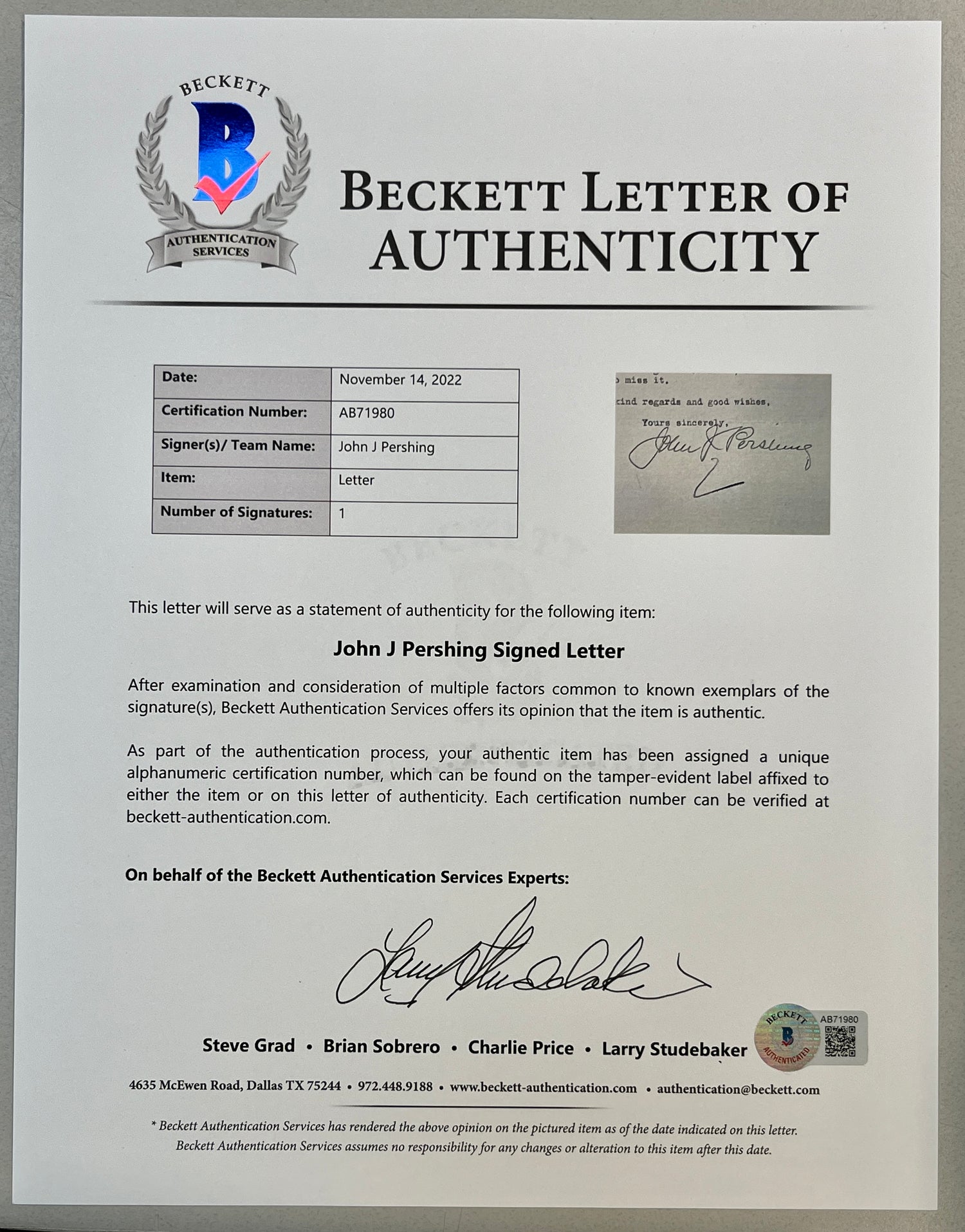General John "Blackjack" Pershing signed letter