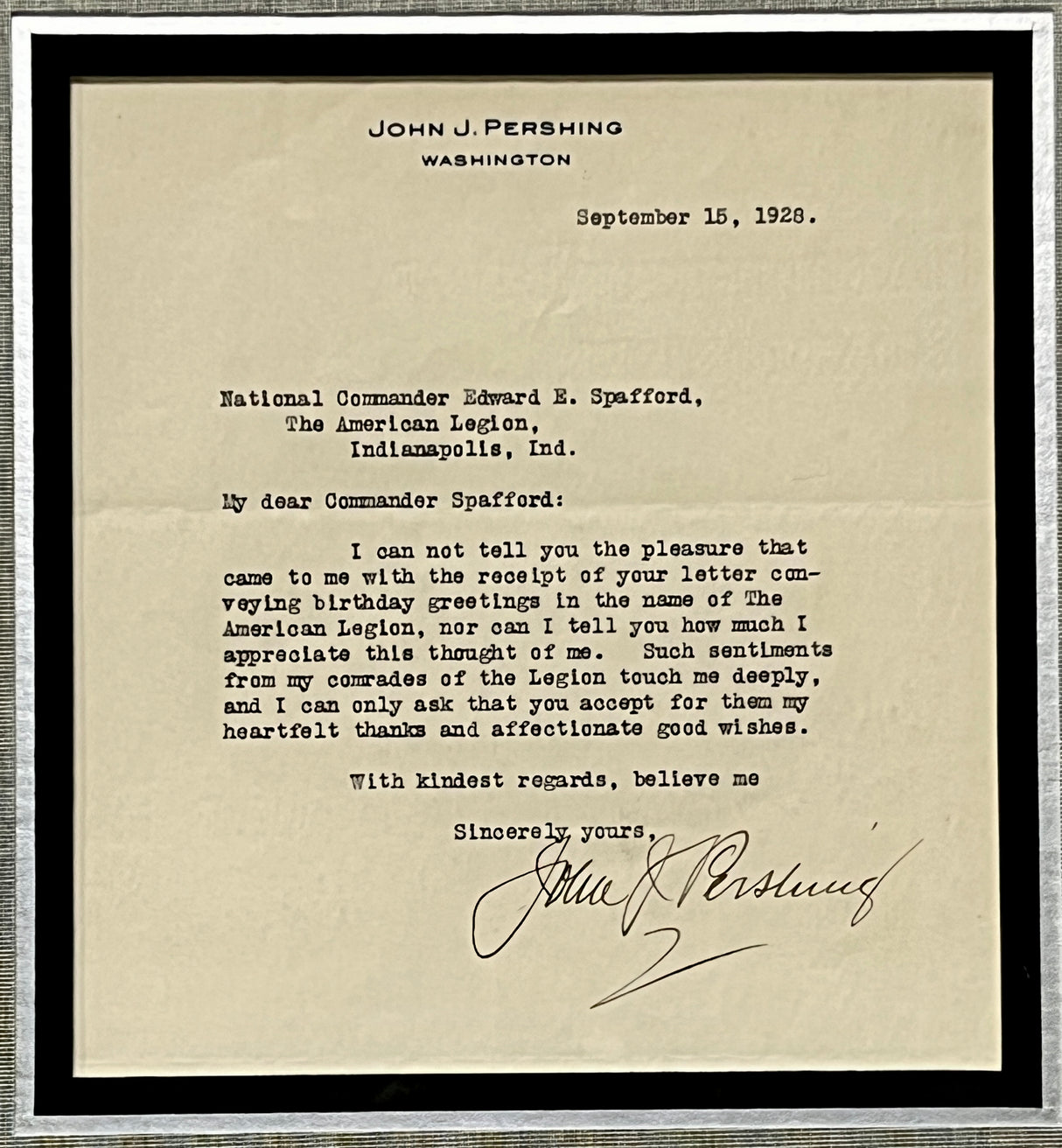 General John "Blackjack" Pershing signed letter
