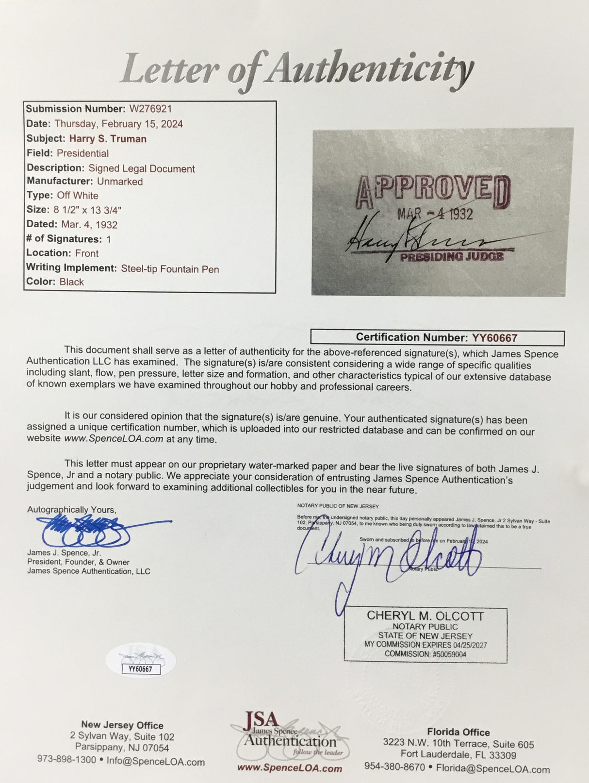 President Harry S Truman Signed 1932 Document