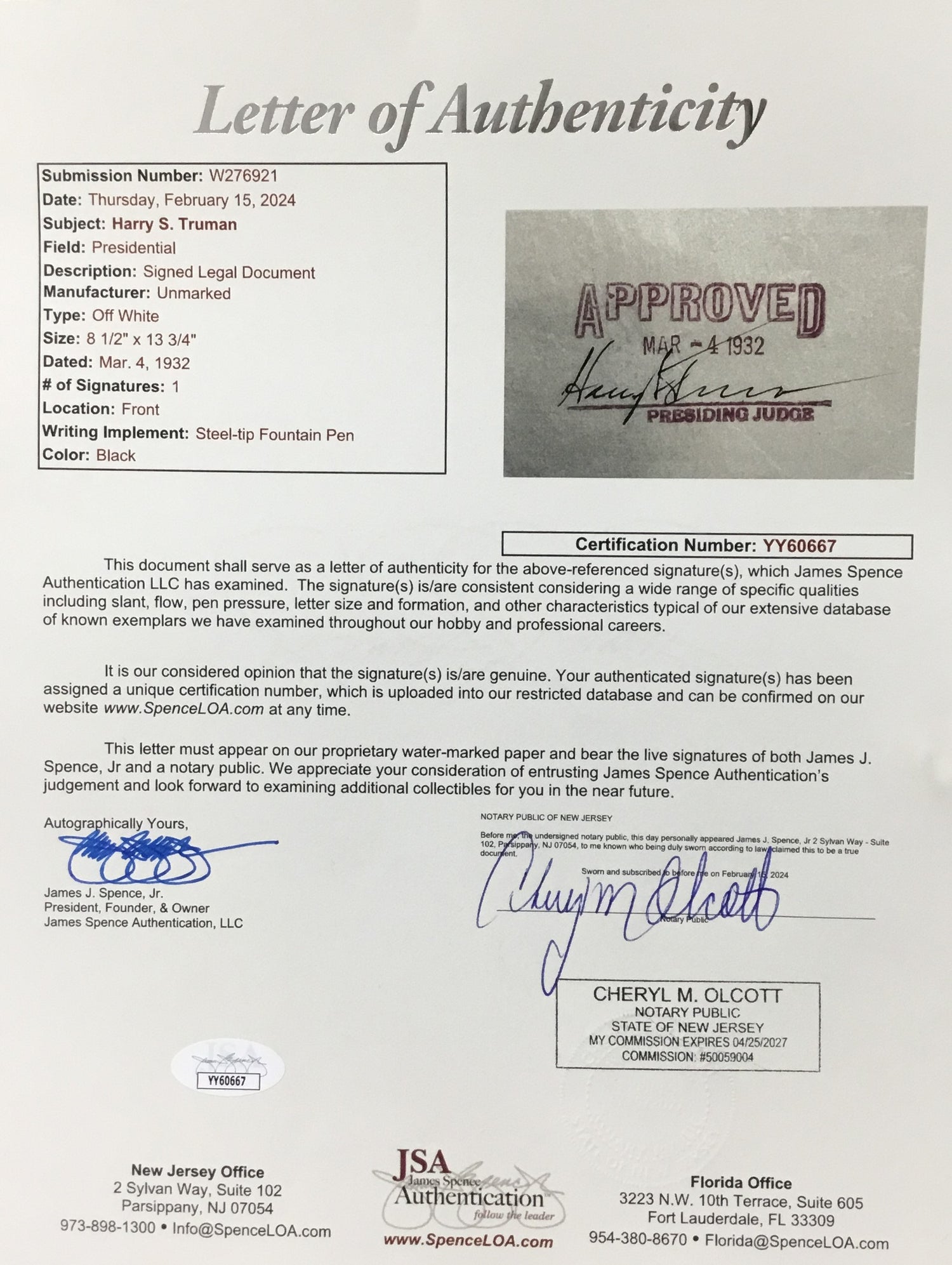 President Harry S Truman Signed 1932 Document