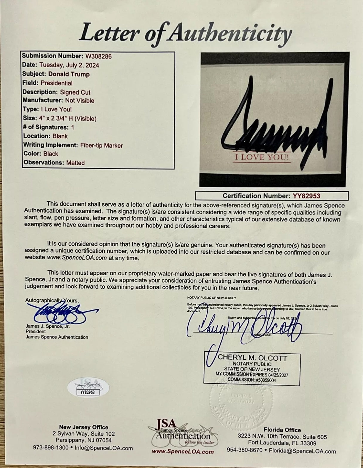 Donald J Trump signed cut signed display