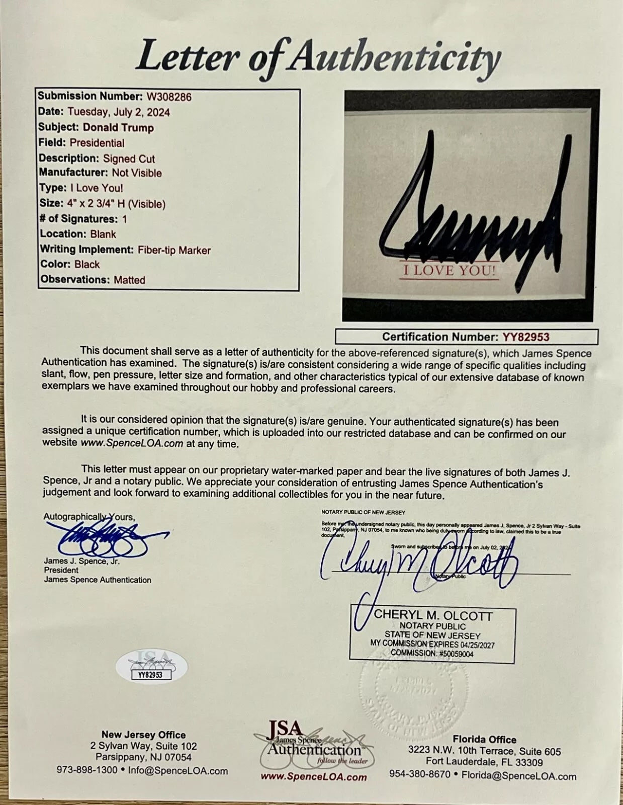 Donald J Trump signed cut signed display