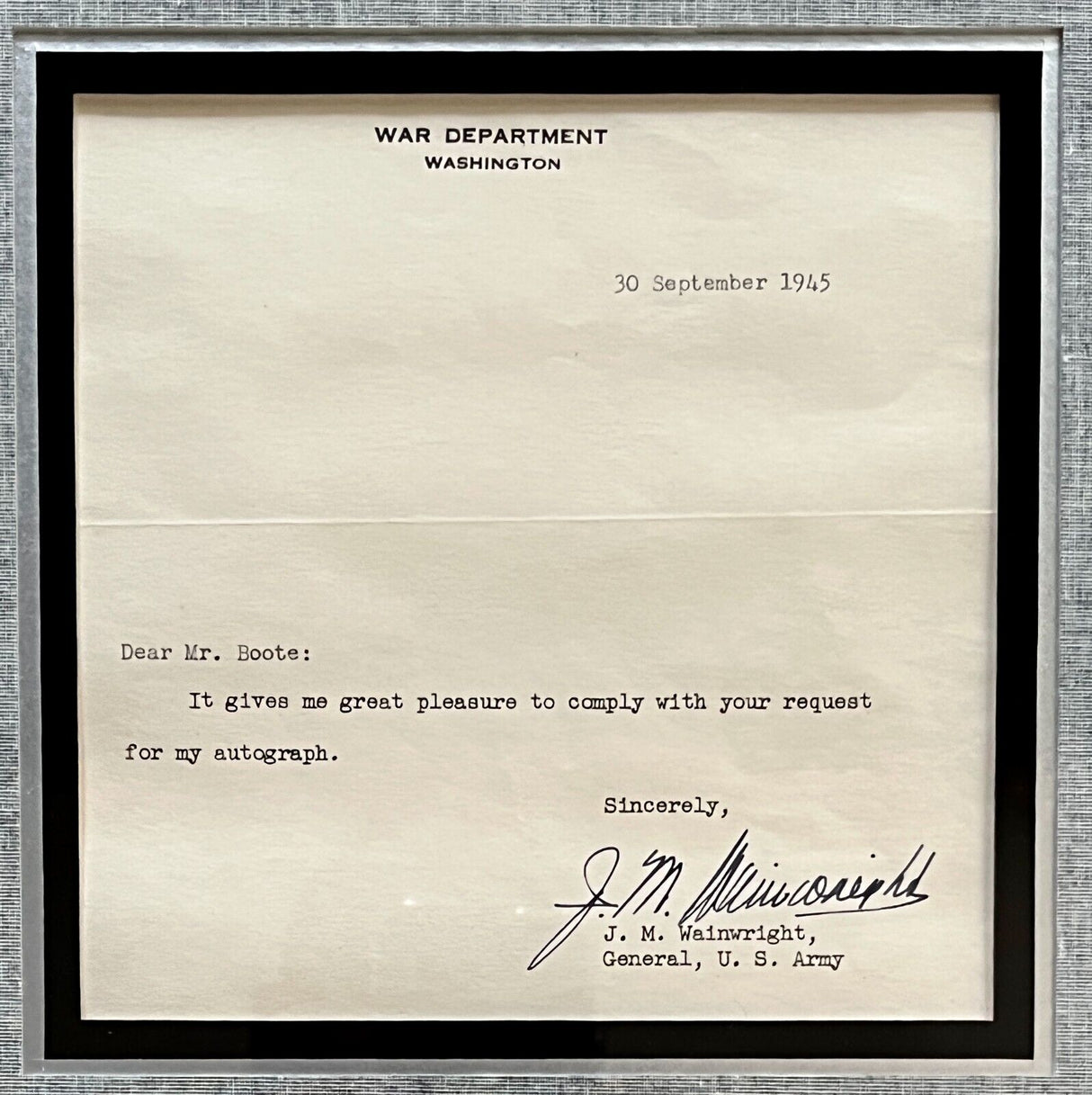 General Jonathan "Skinny" Wainwright signed letter