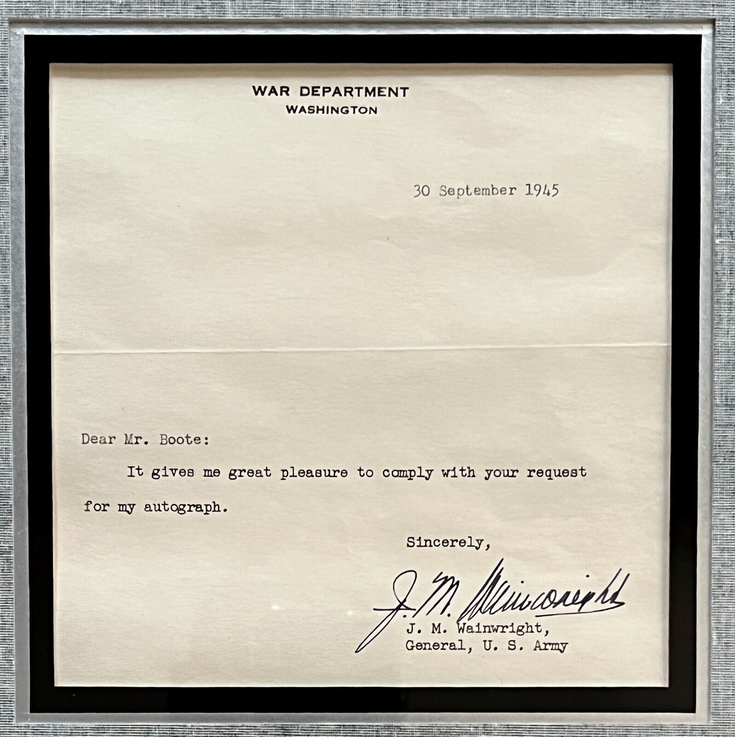General Jonathan "Skinny" Wainwright signed letter