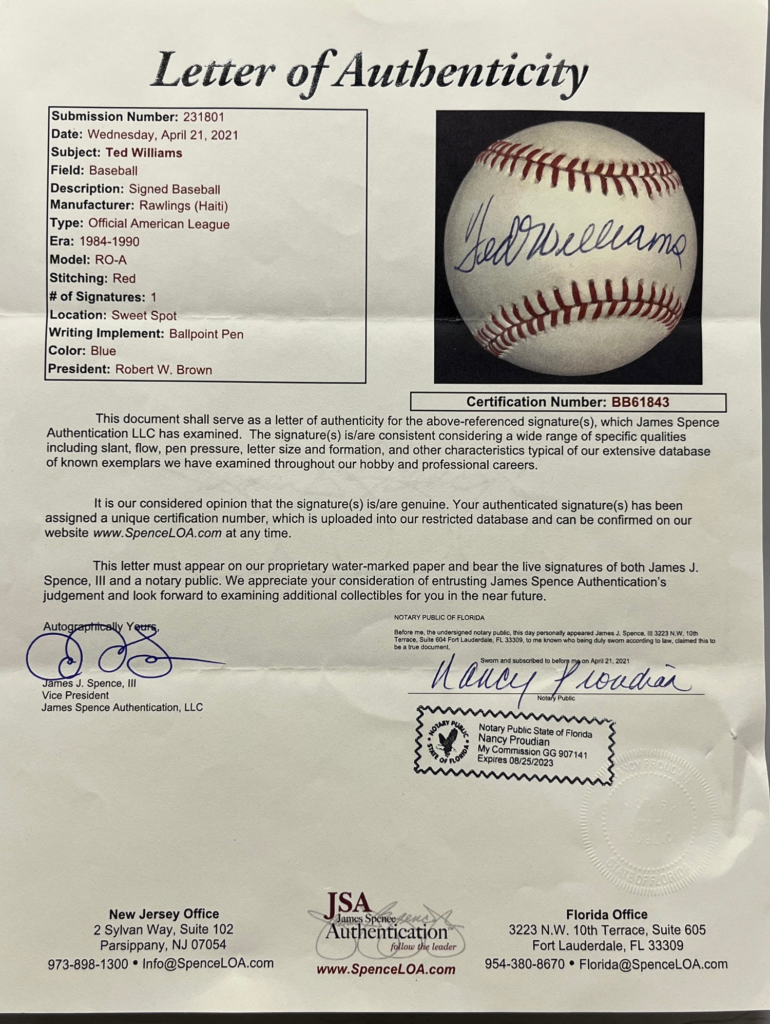 Ted Williams signed A.L. Baseball-JSA