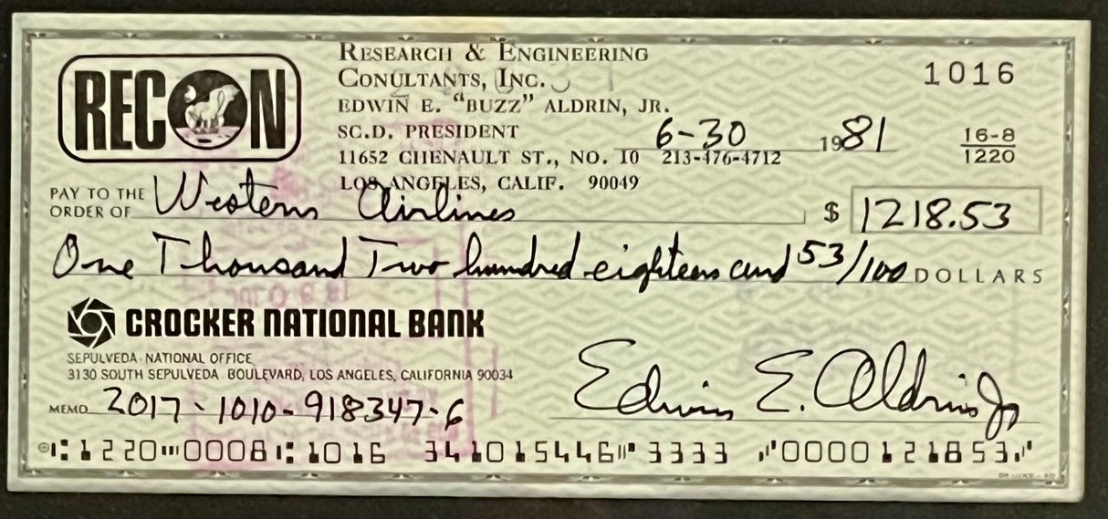 Edwin E. "Buzz" Aldrin-Apollo 11 signed personal check