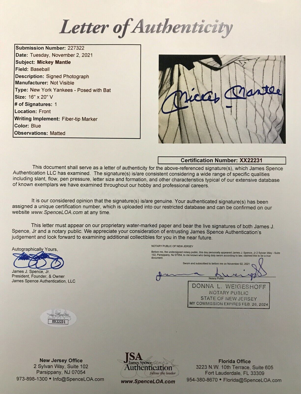 Mickey Mantle signed 16x20 photo