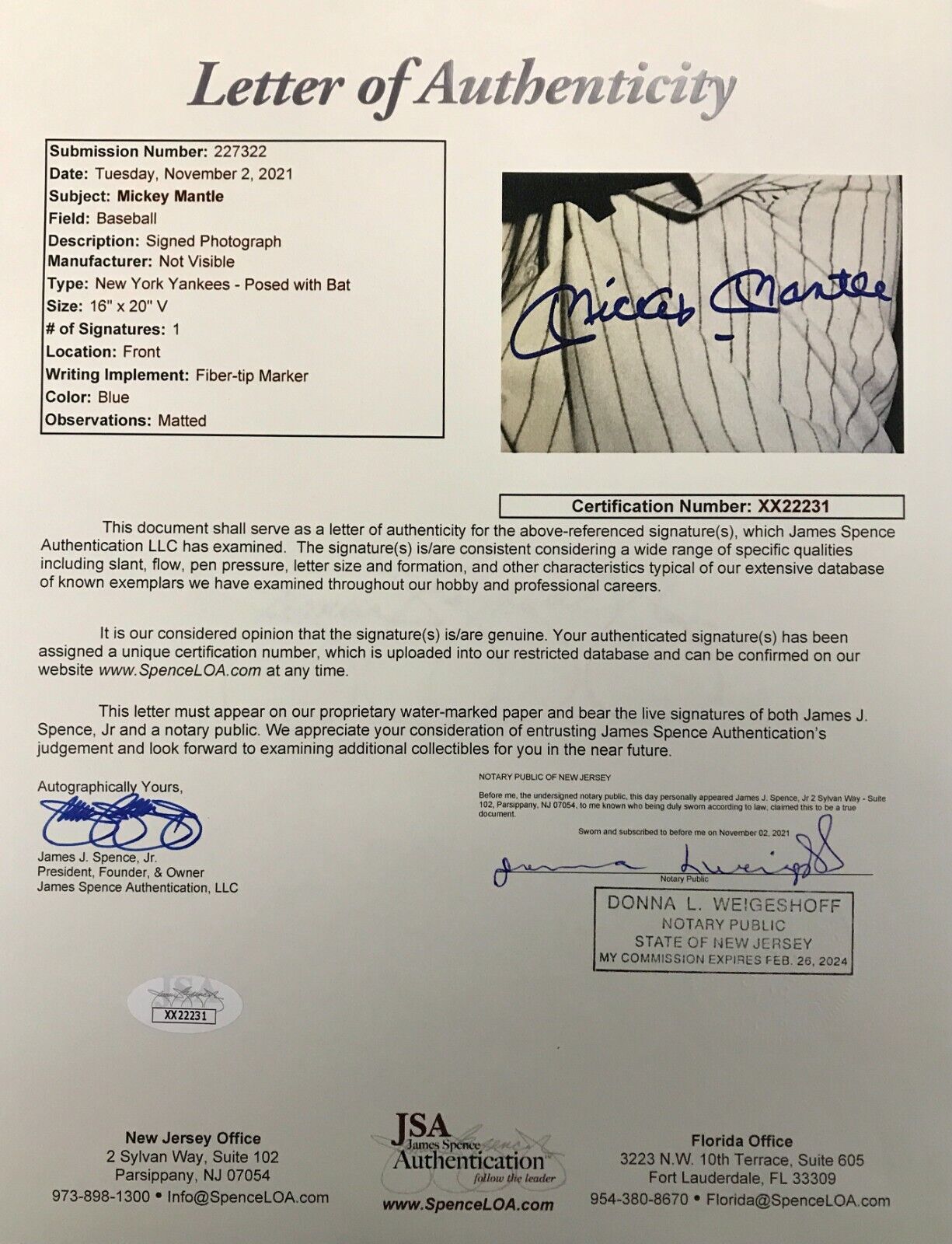 Mickey Mantle signed 16x20 photo