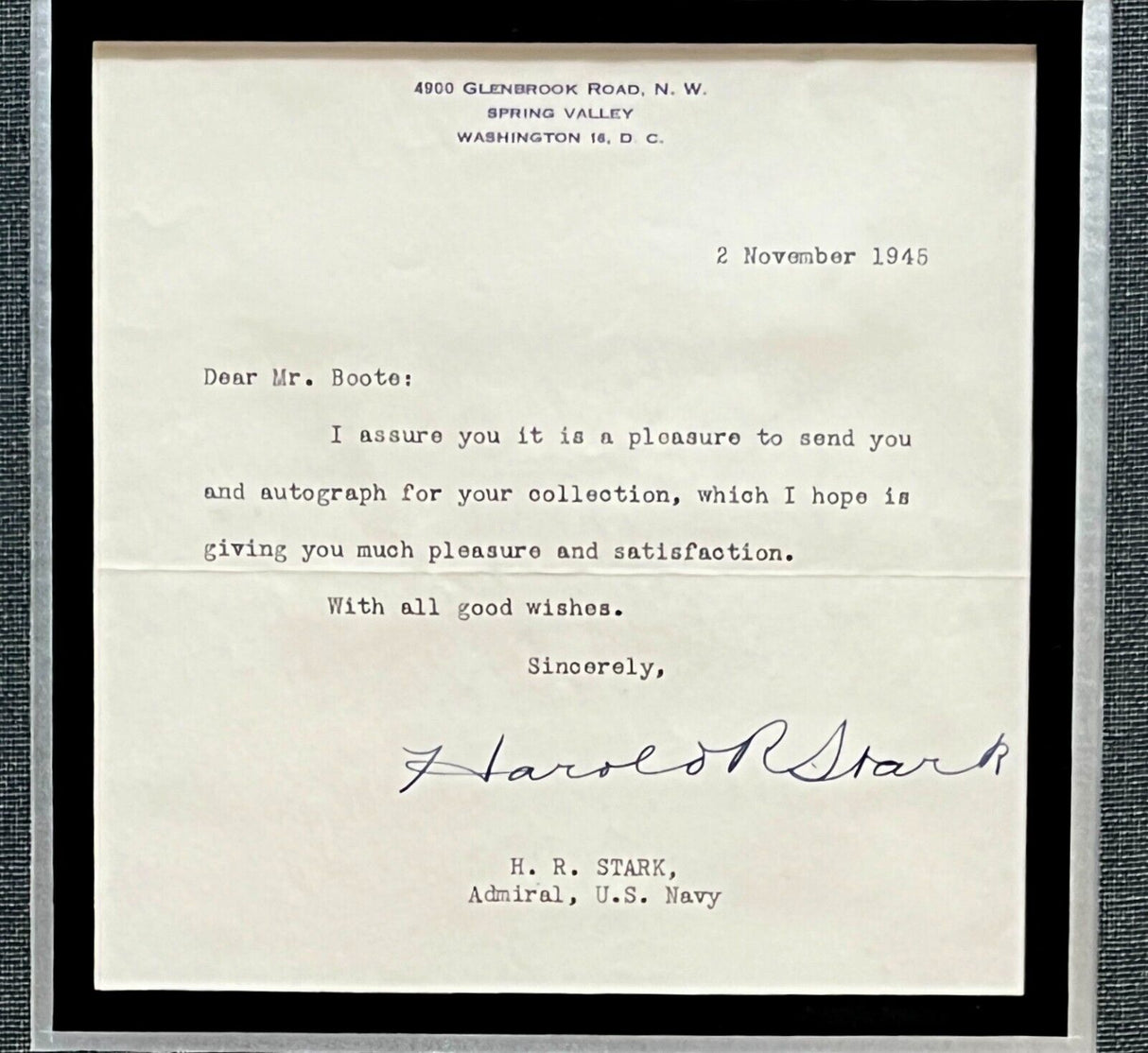 WWII Admiral Harold Stark signed letter