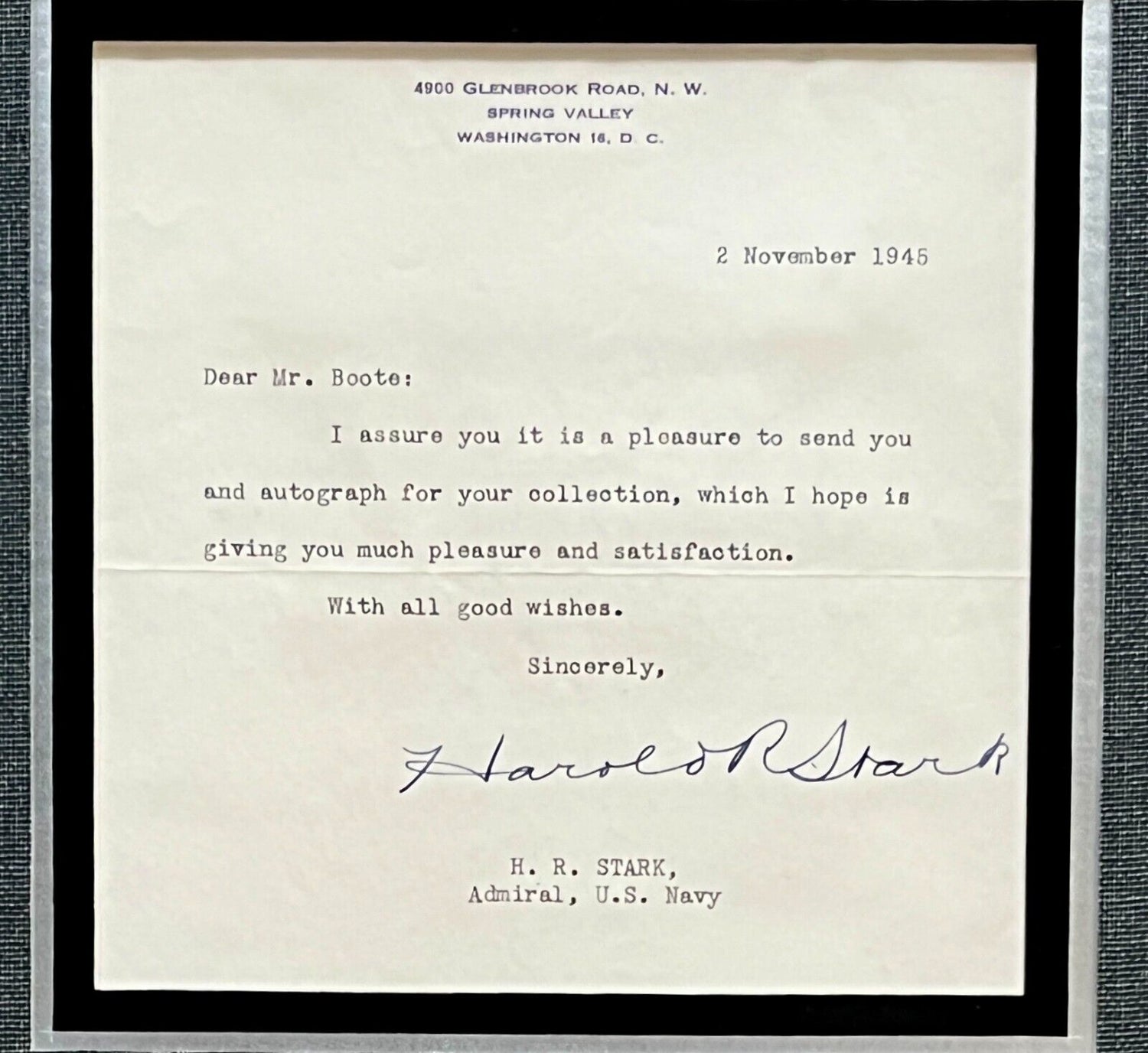 WWII Admiral Harold Stark signed letter