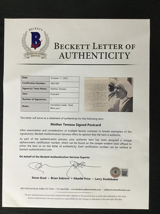 Mary Mother Teresa Signed Thank You Letter