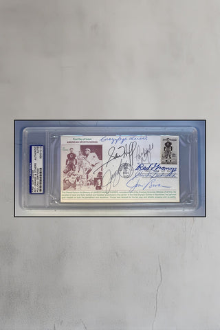 FDC signed by Hall of Famers-Brown, Bednarik, Hirsch, Huff, Grange, Warfield, Langer -PSA