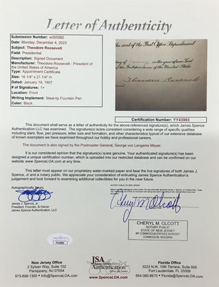 President Theodore Roosevelt Signed Appointment Document