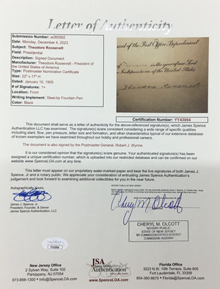 President Theodore Roosevelt Signed Appointment Document