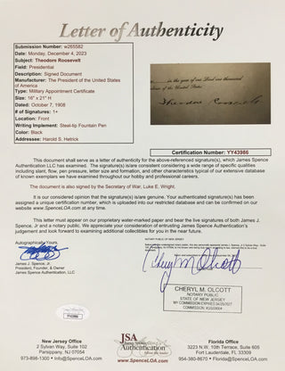 President Theodore Roosevelt Signed Appointment Document