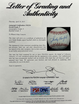 Sandy Koufax signed MLB Baseball-PSA Mint 9