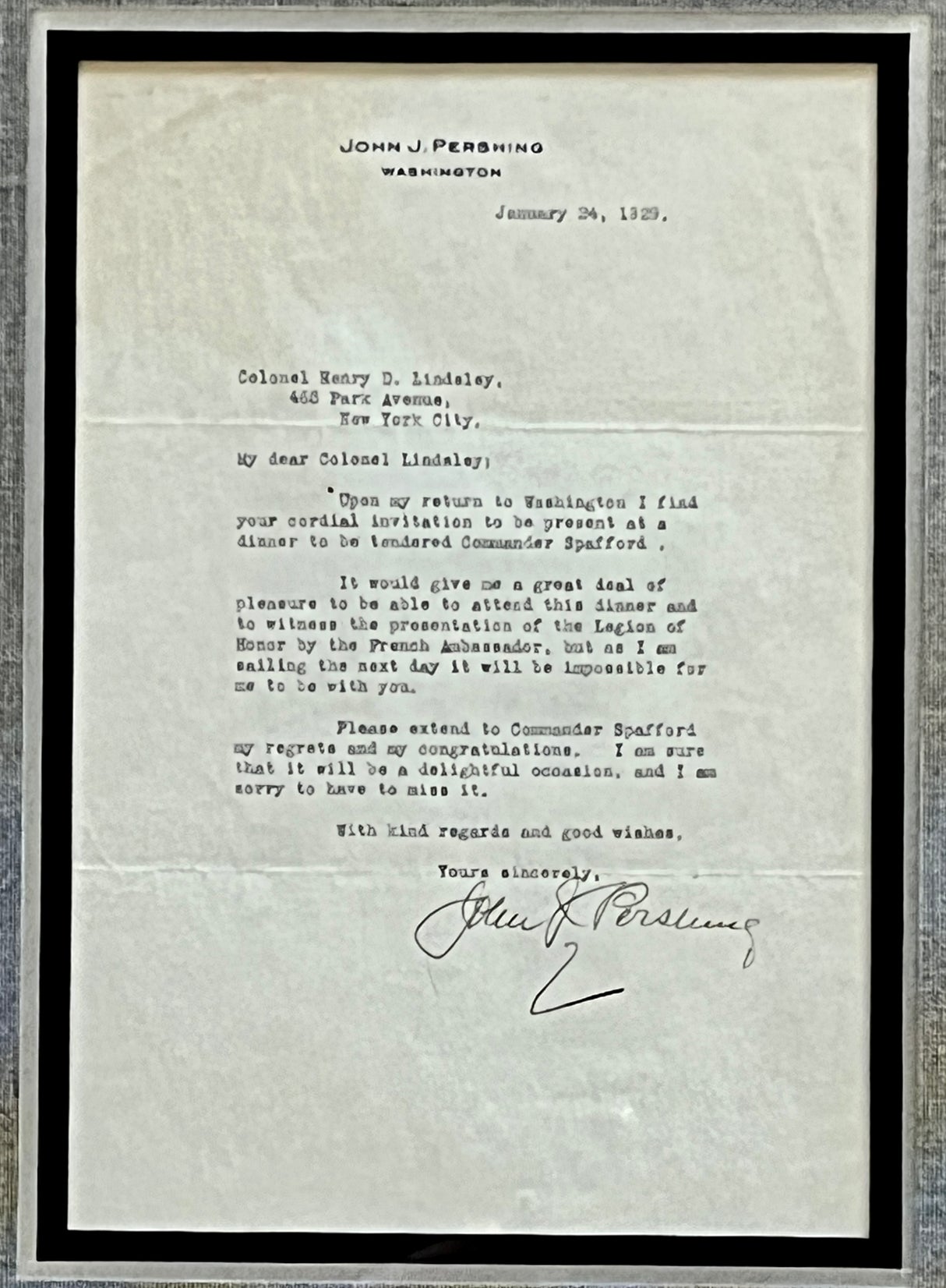 General John "Blackjack" Pershing signed letter