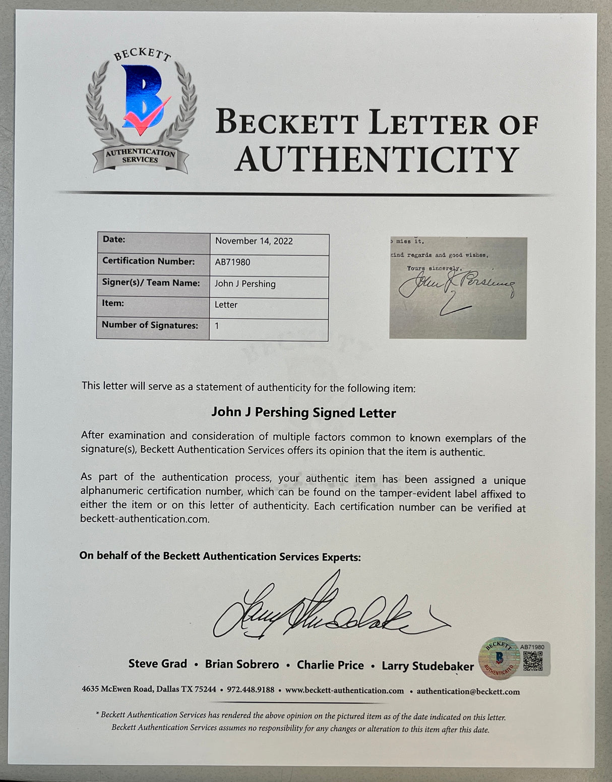 General John "Blackjack" Pershing signed letter