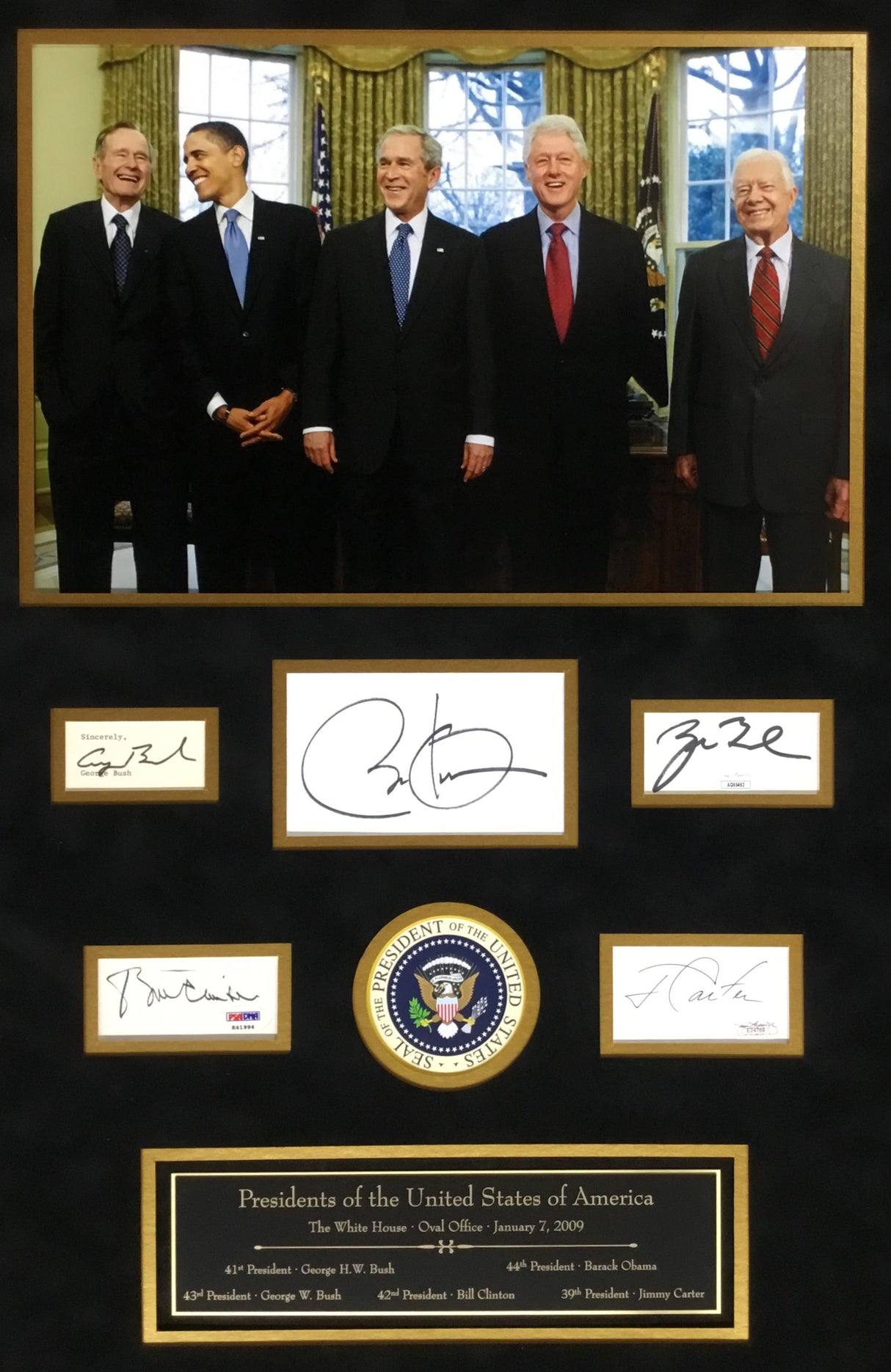 U.S. Presidents-Obama, Bush, Clinton, Bush, Carter signed display-JSA/PSA