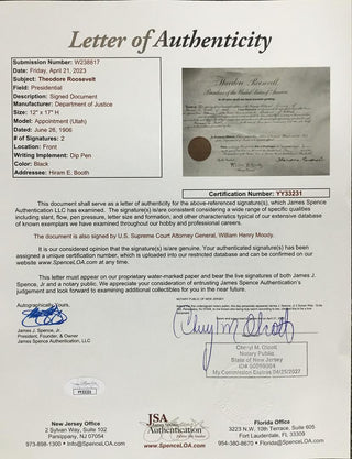 President Theodore Roosevelt Signed Appointment Document Dated 1906