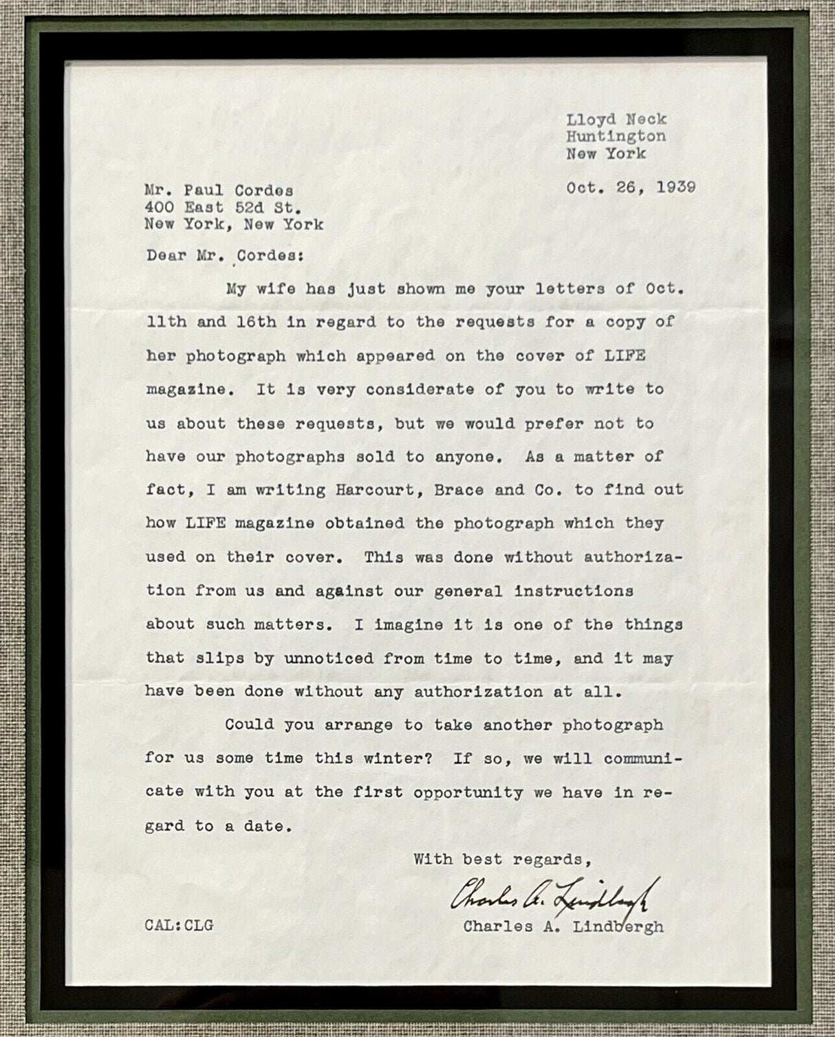 Charles A. Lindberg-Aviator signed letter